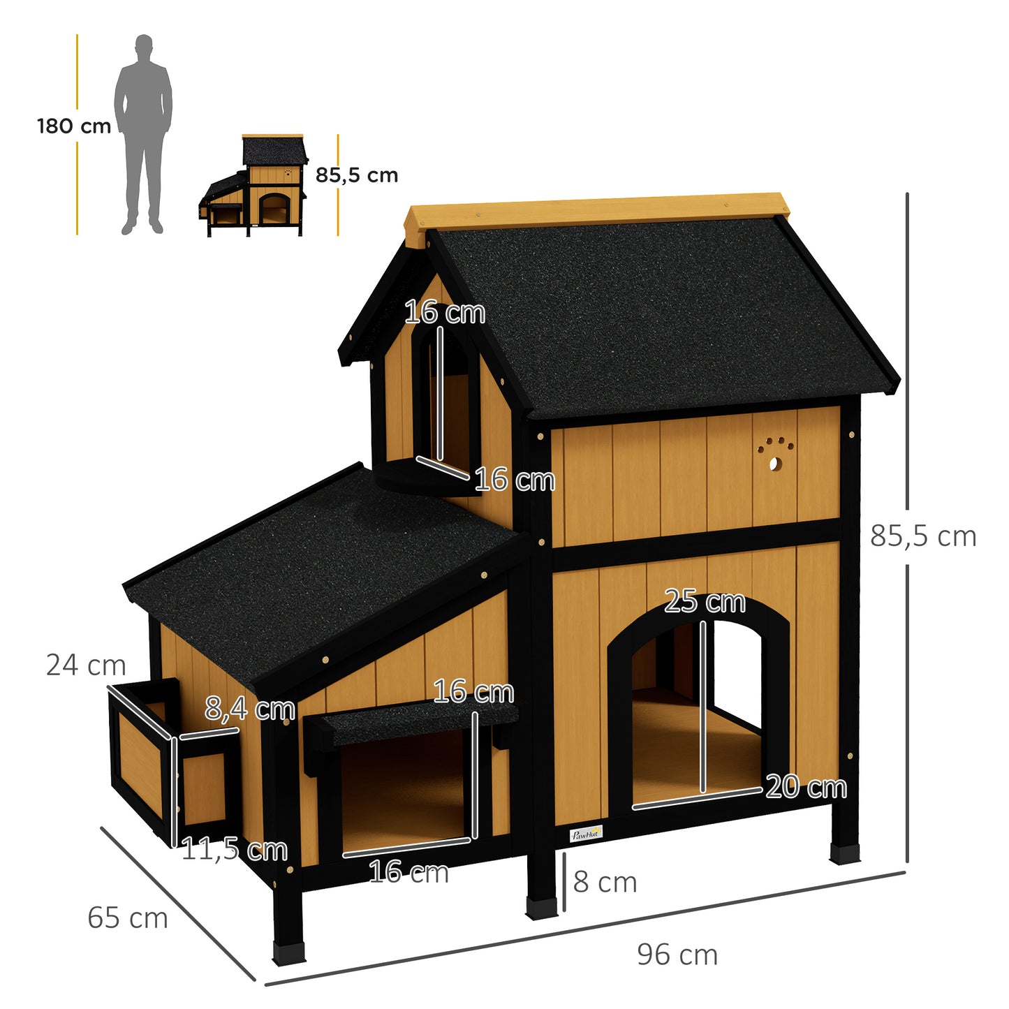 PawHut Casa para Gatos de Madera con Macetero 96x65x85,5 cm Caseta para Gatos de 2 Niveles Refugio para Gatos con Techo Asfáltico Ventana y Múltiples Entradas para Interior y Exterior Natural