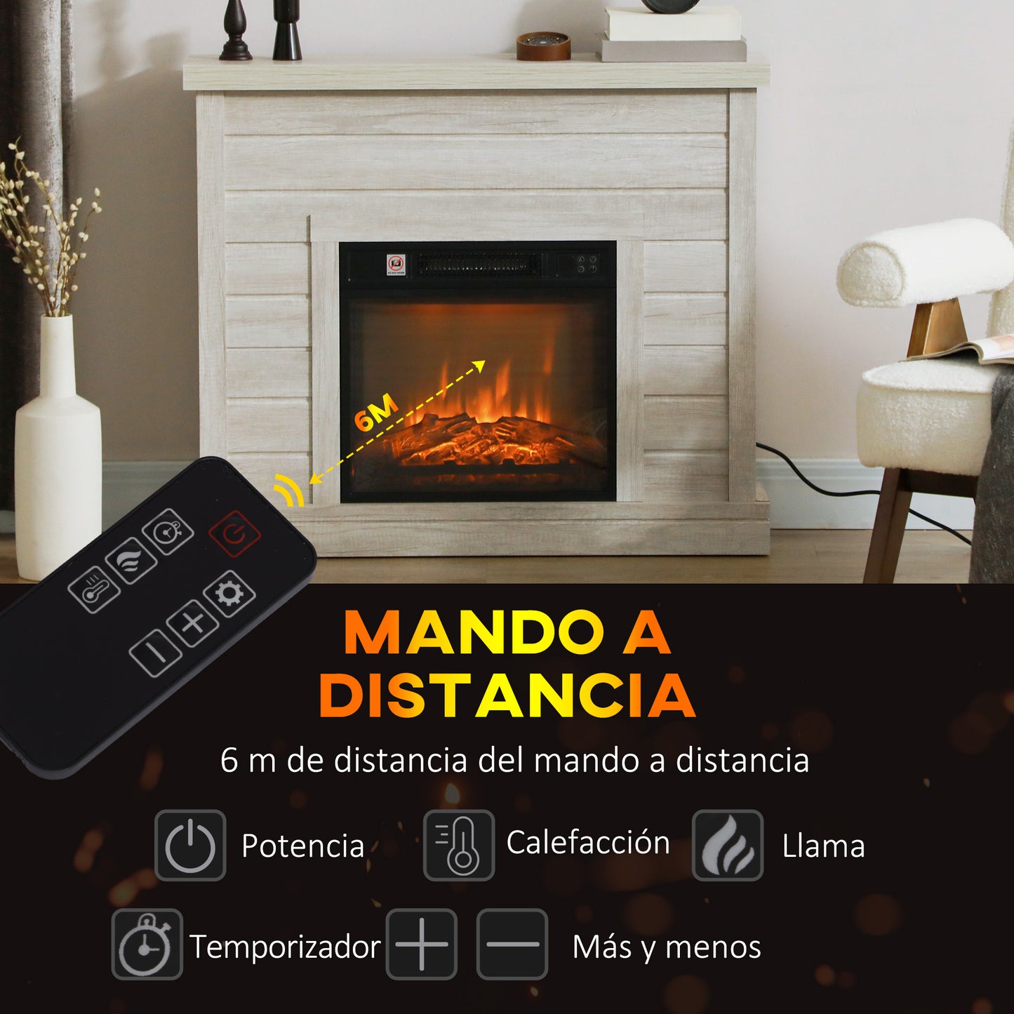 HOMCOM Chimenea Eléctrica 1800W Chimenea Decorativa con Efecto de Llama Mando a Distancia Temporizador Semanal Protección Contra Sobrecalentamiento para Sala 30 m² Gris Claro