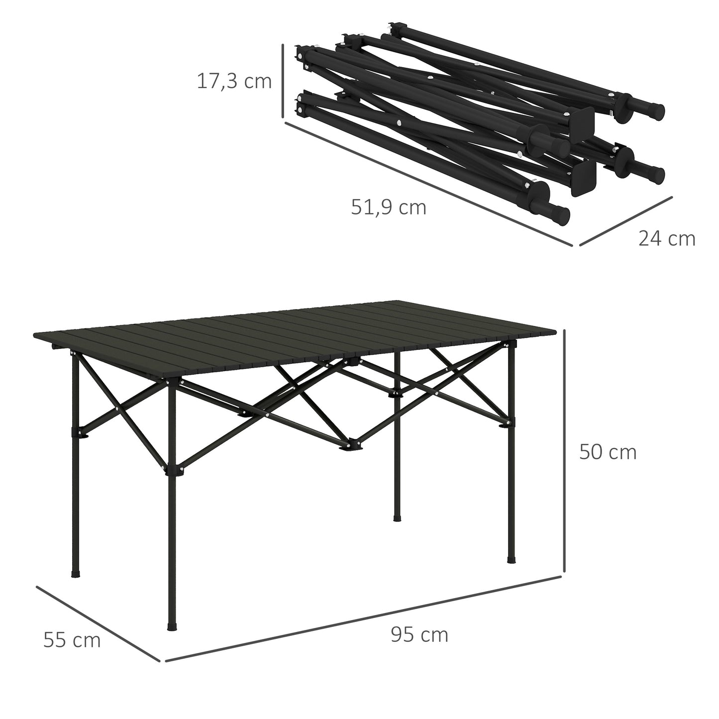 Outsunny Mesa de Camping Plegable de Metal con Tapa Enrollable y Bolsa de Transporte Mesa de Picnic Portátil para Acampar Senderismo Playa Barbacoa 95x55x50 cm Negro