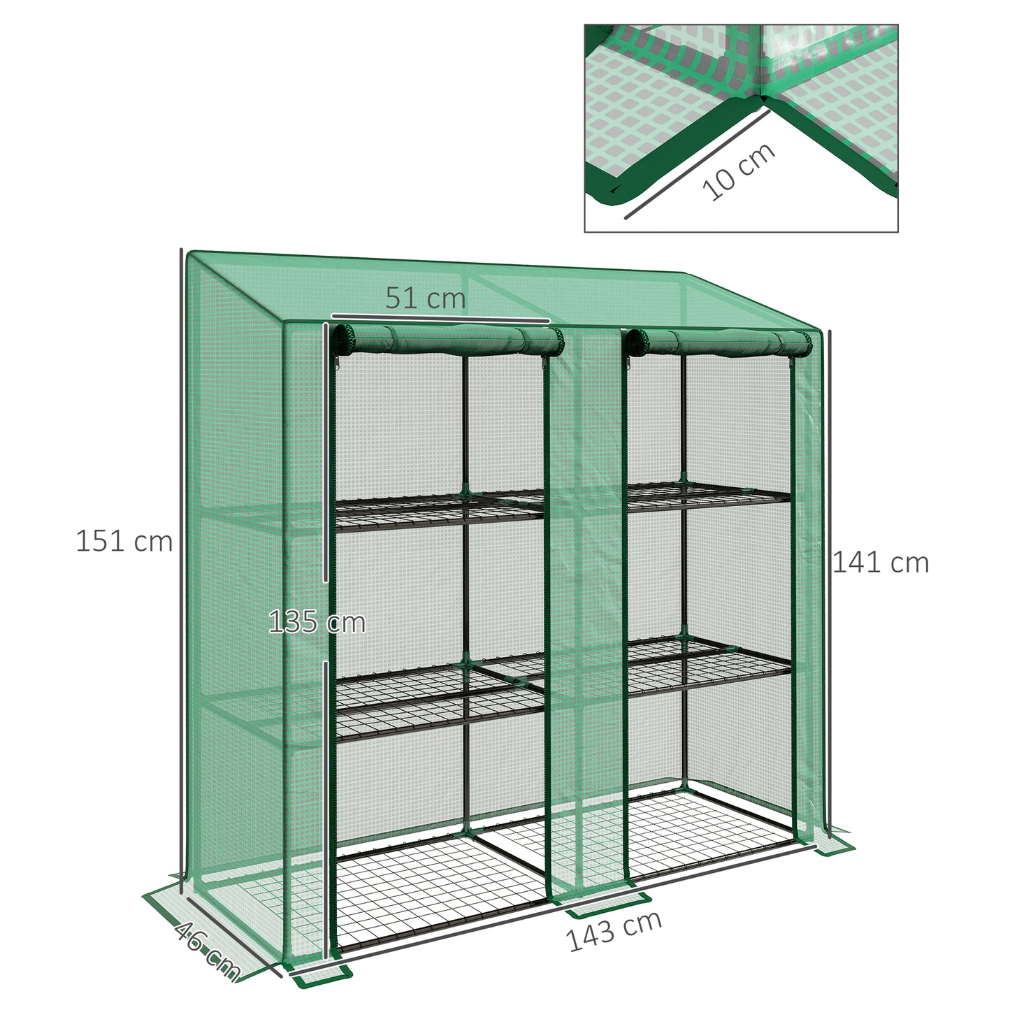 Outsunny Invernadero de Jardín de 3 Niveles Invernadero de Terraza con Estantes Techo Inclinado y 2 Puertas con Cremallera para Cultivo de Plantas en Patio 143x46x141/151 cm Verde