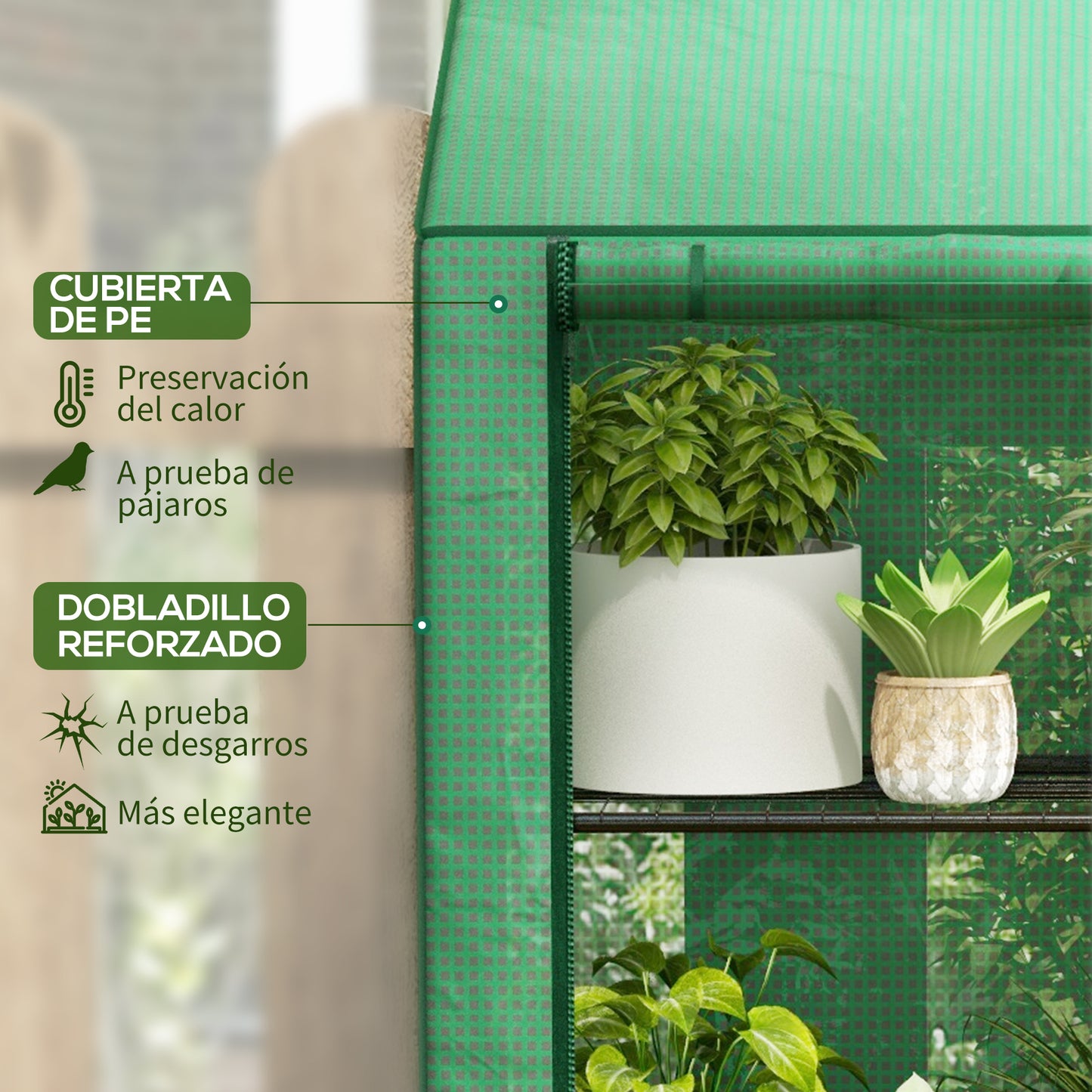 Outsunny Invernadero de Jardín de 3 Niveles Invernadero de Terraza con Estantes Techo Inclinado y 2 Puertas con Cremallera para Cultivo de Plantas en Patio 143x46x141/151 cm Verde