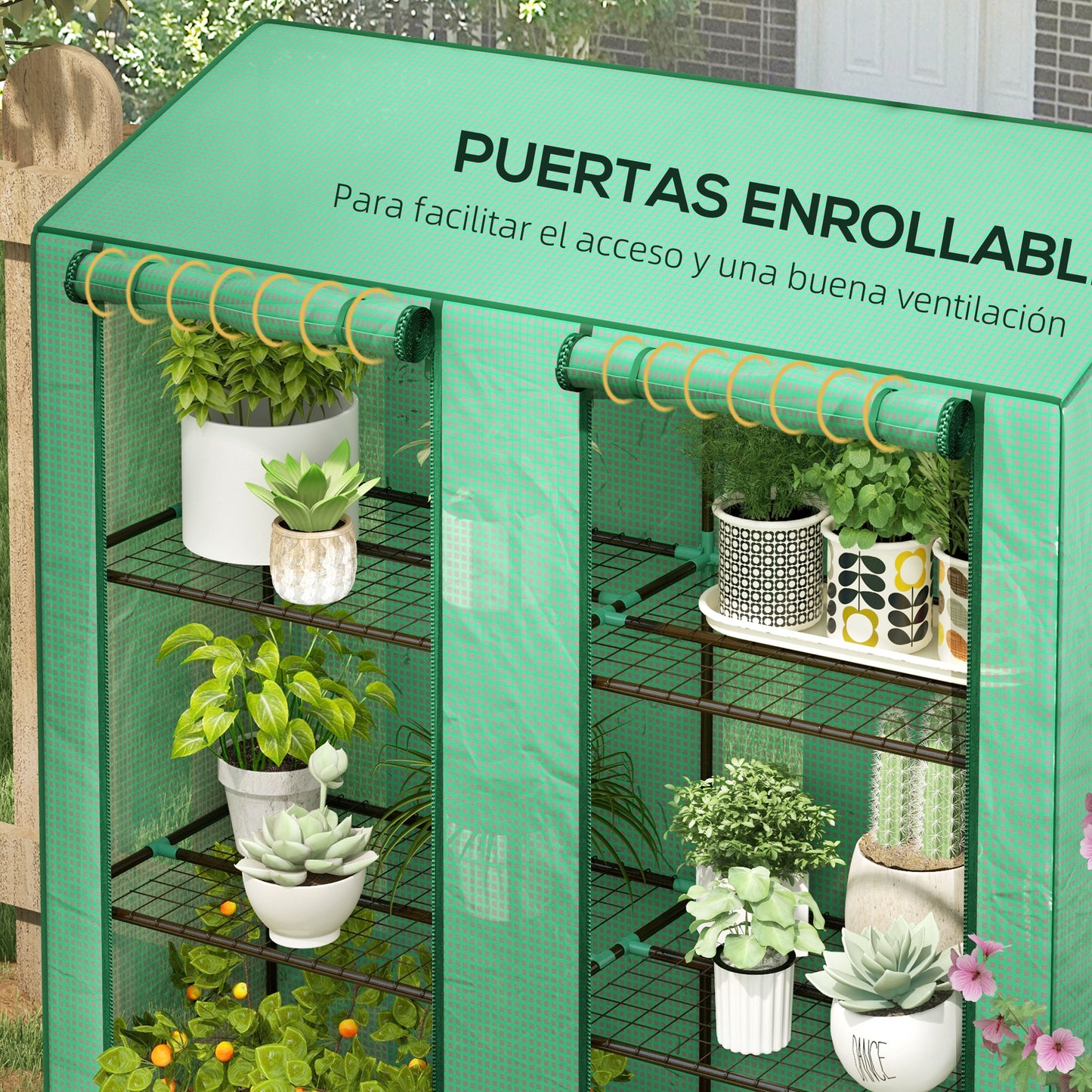 Outsunny Invernadero de Jardín de 3 Niveles Invernadero de Terraza con Estantes Techo Inclinado y 2 Puertas con Cremallera para Cultivo de Plantas en Patio 143x46x141/151 cm Verde