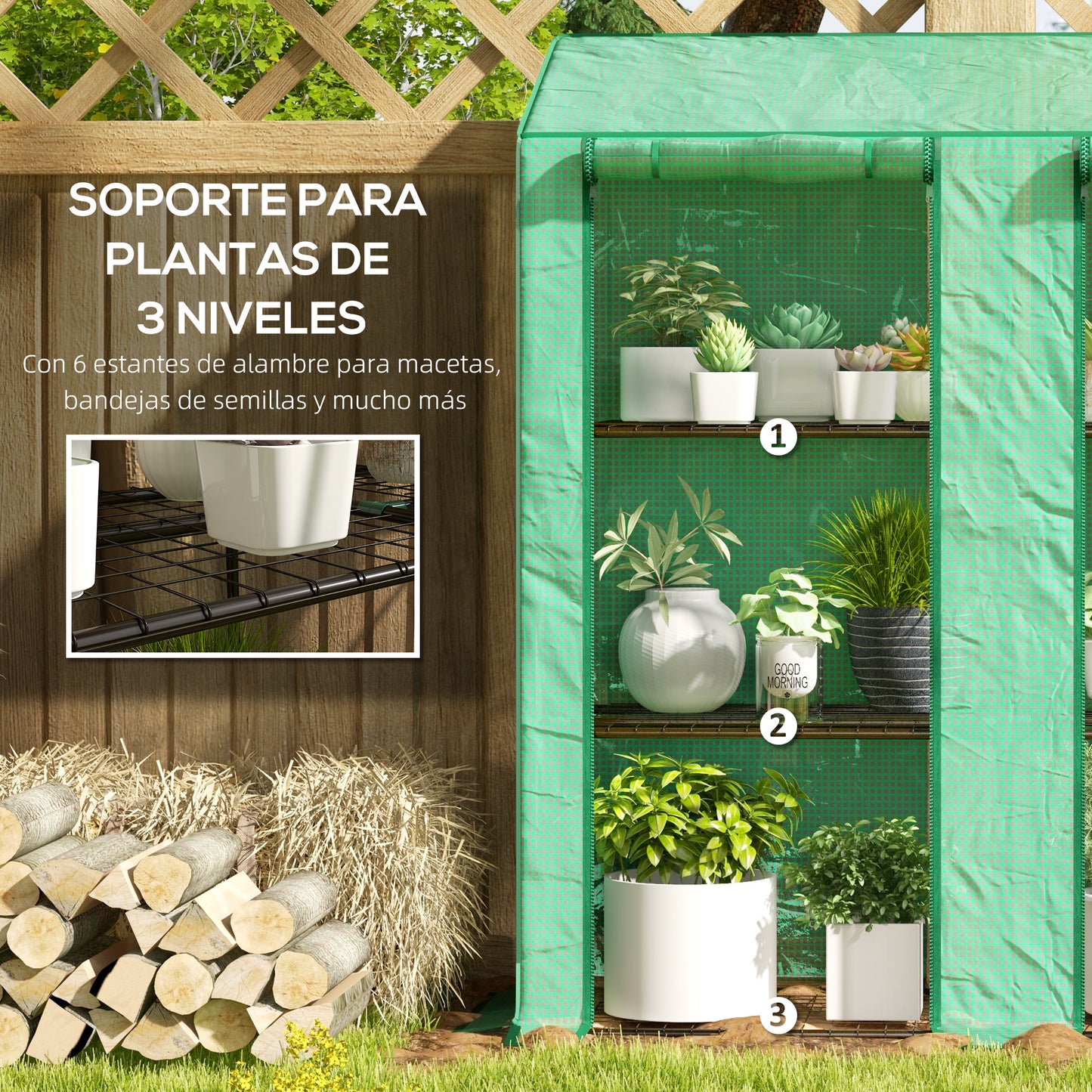 Outsunny Invernadero de Jardín de 3 Niveles Invernadero de Terraza con Estantes Techo Inclinado y 2 Puertas con Cremallera para Cultivo de Plantas en Patio 143x46x141/151 cm Verde