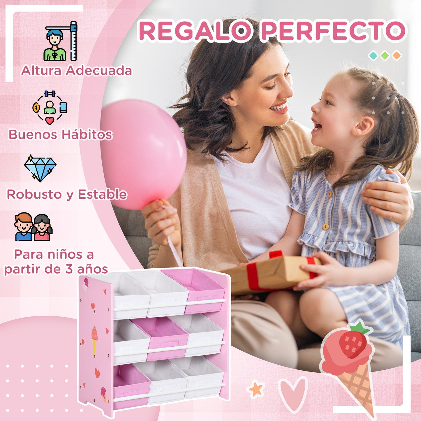 ZONEKIZ Estantería Infantil con 9 Cajas de Tela no Tejida Extraíbles Organizador de Juguetes para Dormitorio Guardería 63x30x60 cm Rosa