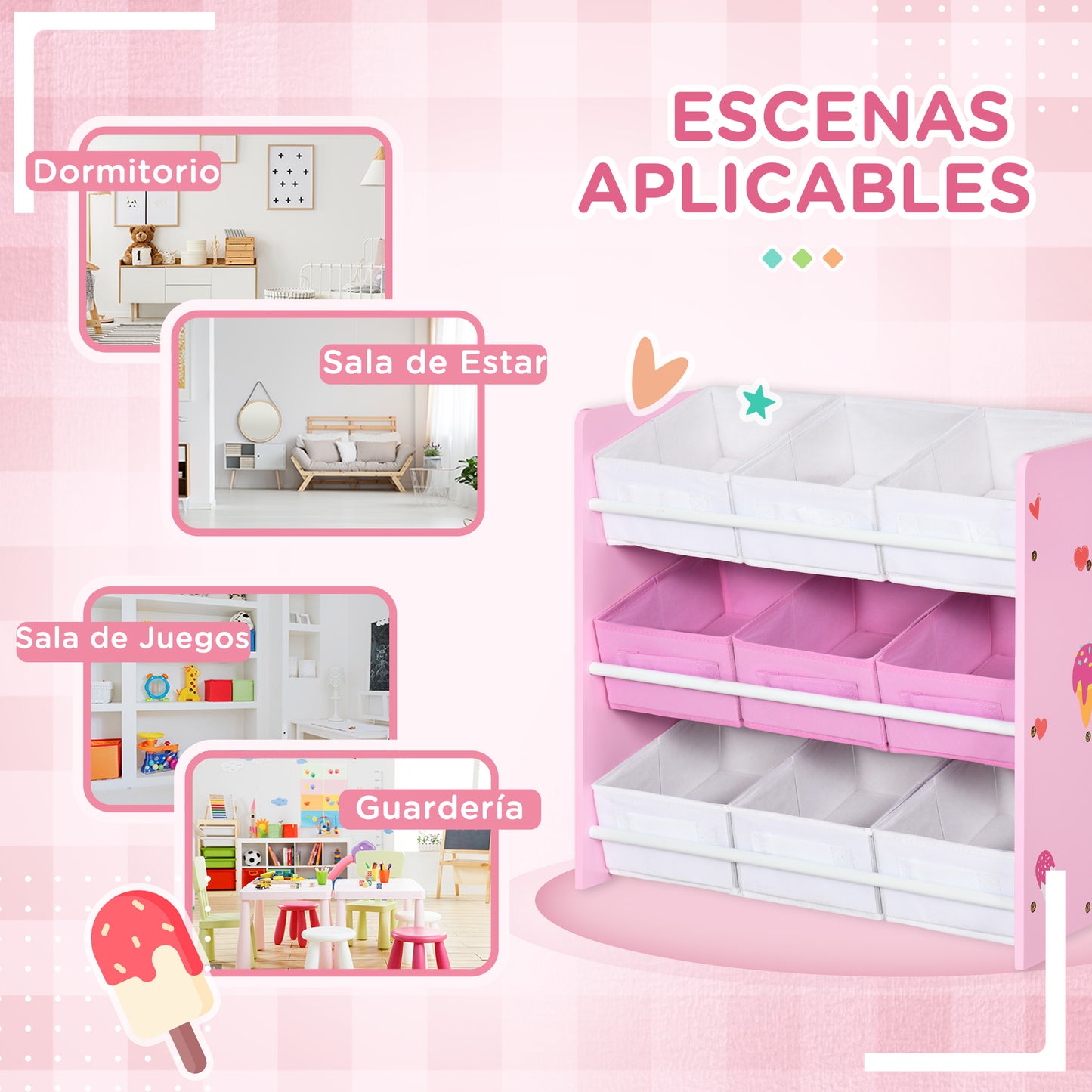 ZONEKIZ Estantería Infantil con 9 Cajas de Tela no Tejida Extraíbles Organizador de Juguetes para Dormitorio Guardería 63x30x60 cm Rosa