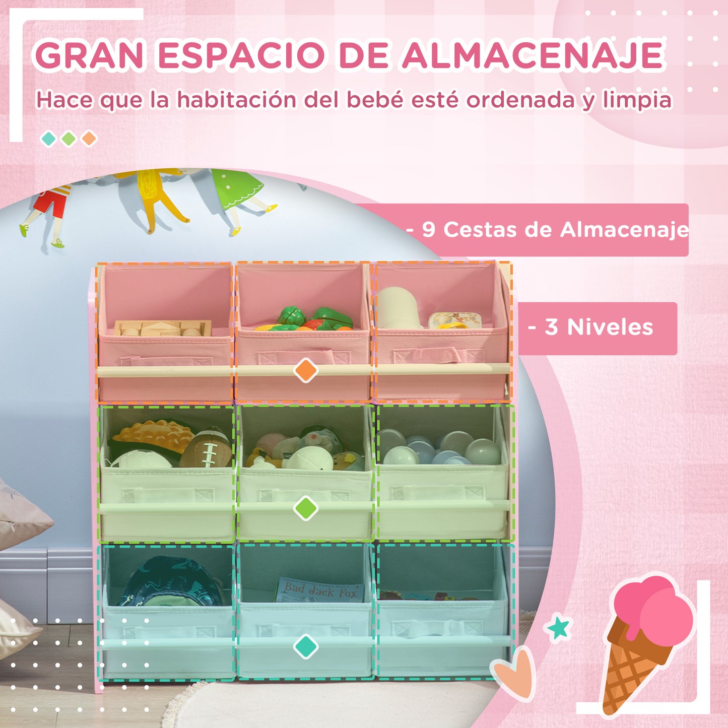 ZONEKIZ Estantería Infantil con 9 Cajas de Tela no Tejida Extraíbles Organizador de Juguetes para Dormitorio Guardería 63x30x60 cm Rosa