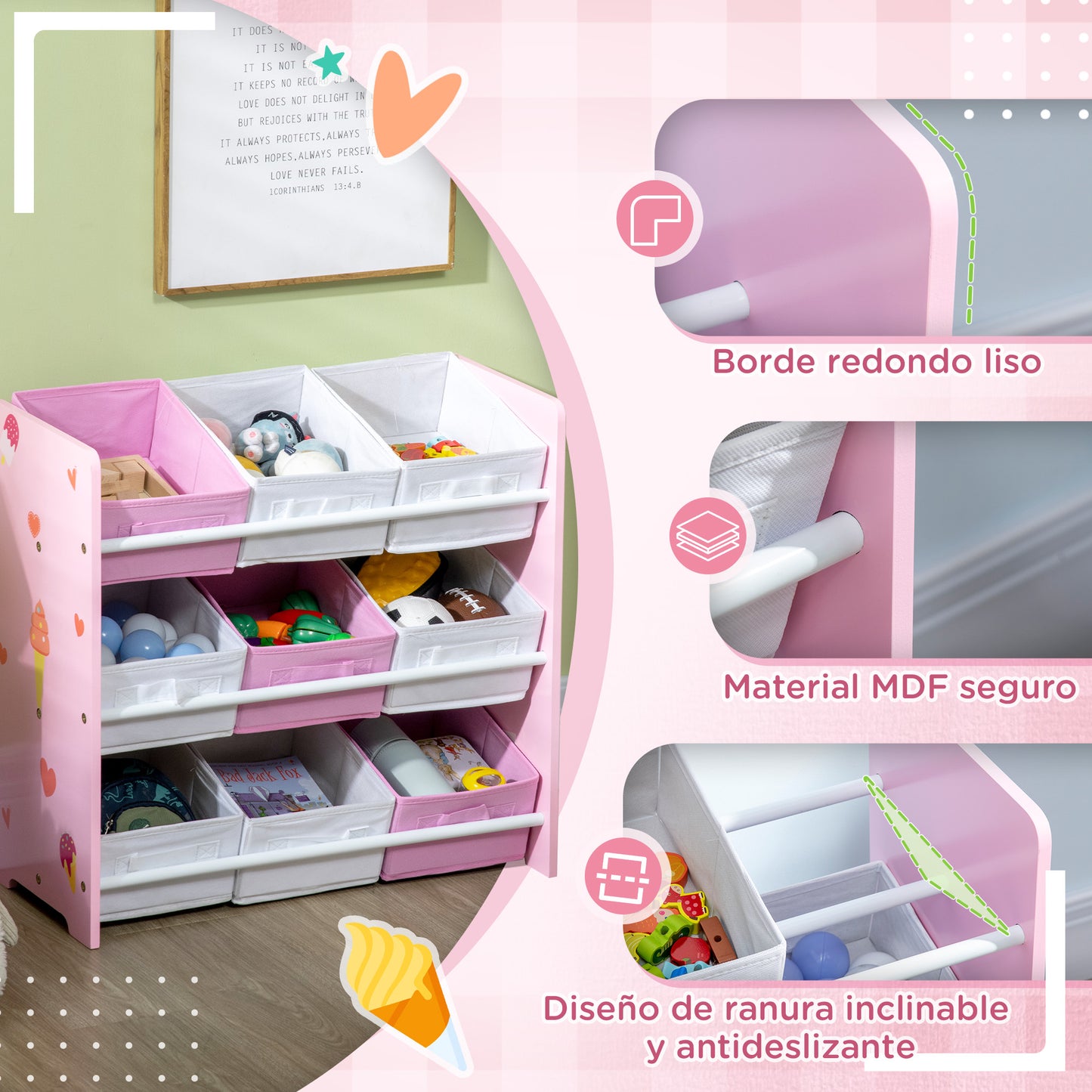 ZONEKIZ Estantería Infantil con 9 Cajas de Tela no Tejida Extraíbles Organizador de Juguetes para Dormitorio Guardería 63x30x60 cm Rosa