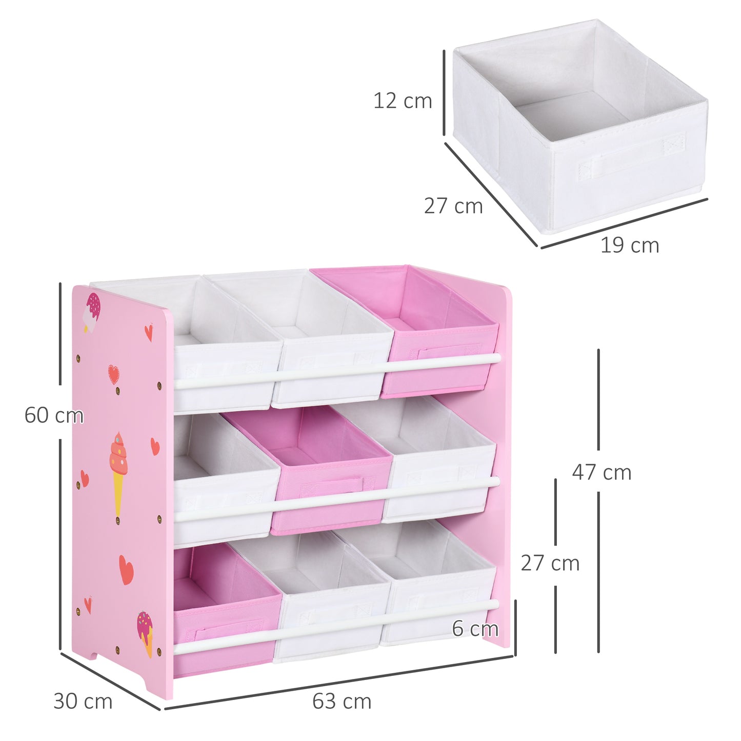 ZONEKIZ Estantería Infantil con 9 Cajas de Tela no Tejida Extraíbles Organizador de Juguetes para Dormitorio Guardería 63x30x60 cm Rosa