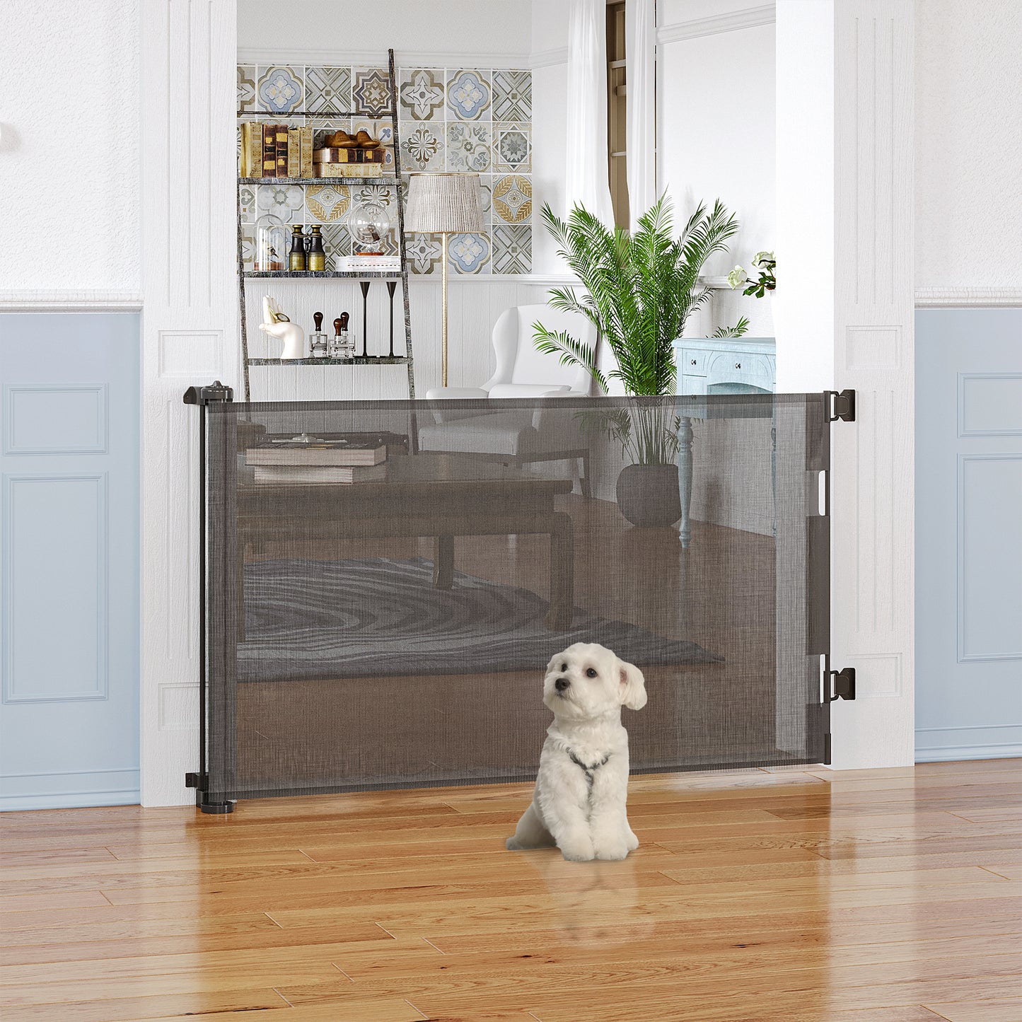 PawHut Puerta de Seguridad para Perros y Gatos Extensible 0-150 cm Puerta Retráctil para Mascotas Barrera para Escaleras y Pasillos Aleación de Aluminio 165x10,7x85 cm Gris