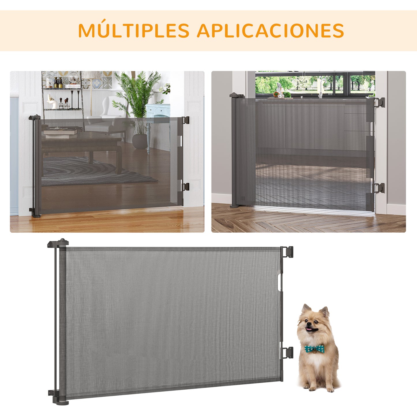 PawHut Puerta de Seguridad para Perros y Gatos Extensible 0-150 cm Puerta Retráctil para Mascotas Barrera para Escaleras y Pasillos Aleación de Aluminio 165x10,7x85 cm Gris