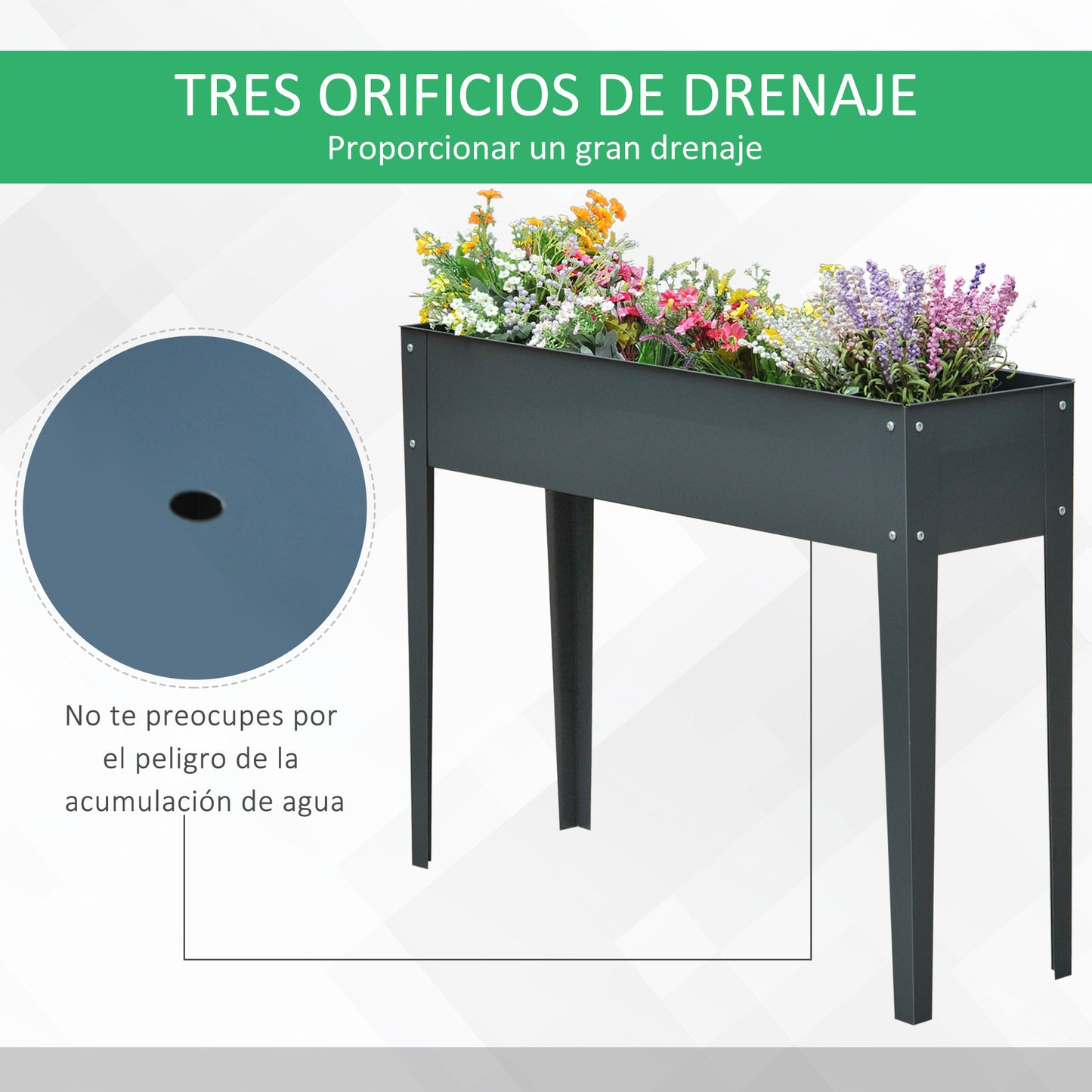 Outsunny Jardinera Elevada Cama de Jardín Elevada Rectangular Mesa de Cultivo para Plantas Verduras y Flores con 3 Orificios de Drenaje 100x30x80 cm Gris