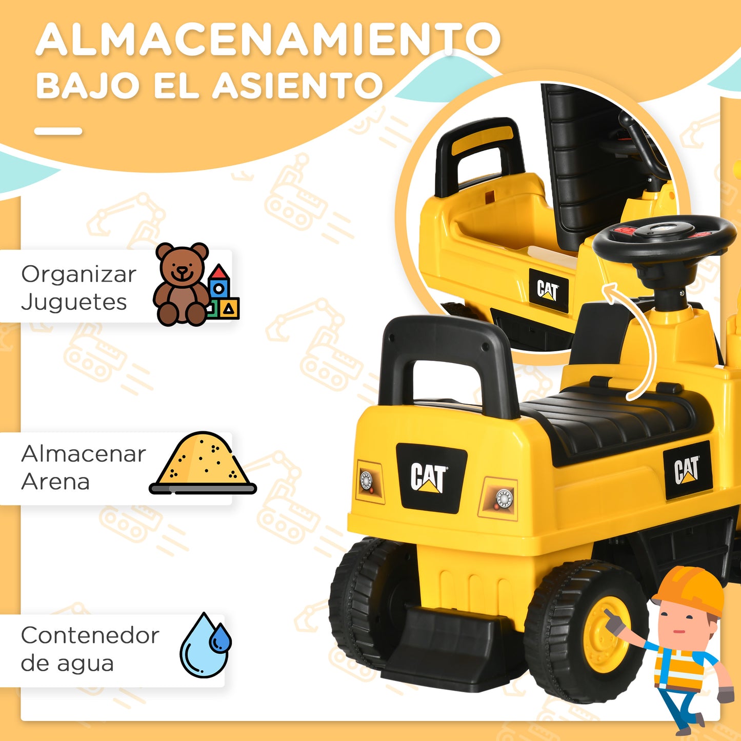 HOMCOM Excavadora con Licencia Caterpillar Excavadora Correpasillos para Niños de 12-36 Meses con Asiento de Almacenamiento Pala Delantera y Bocina Carga 25 kg 85x27,5x47,5 cm Amarillo