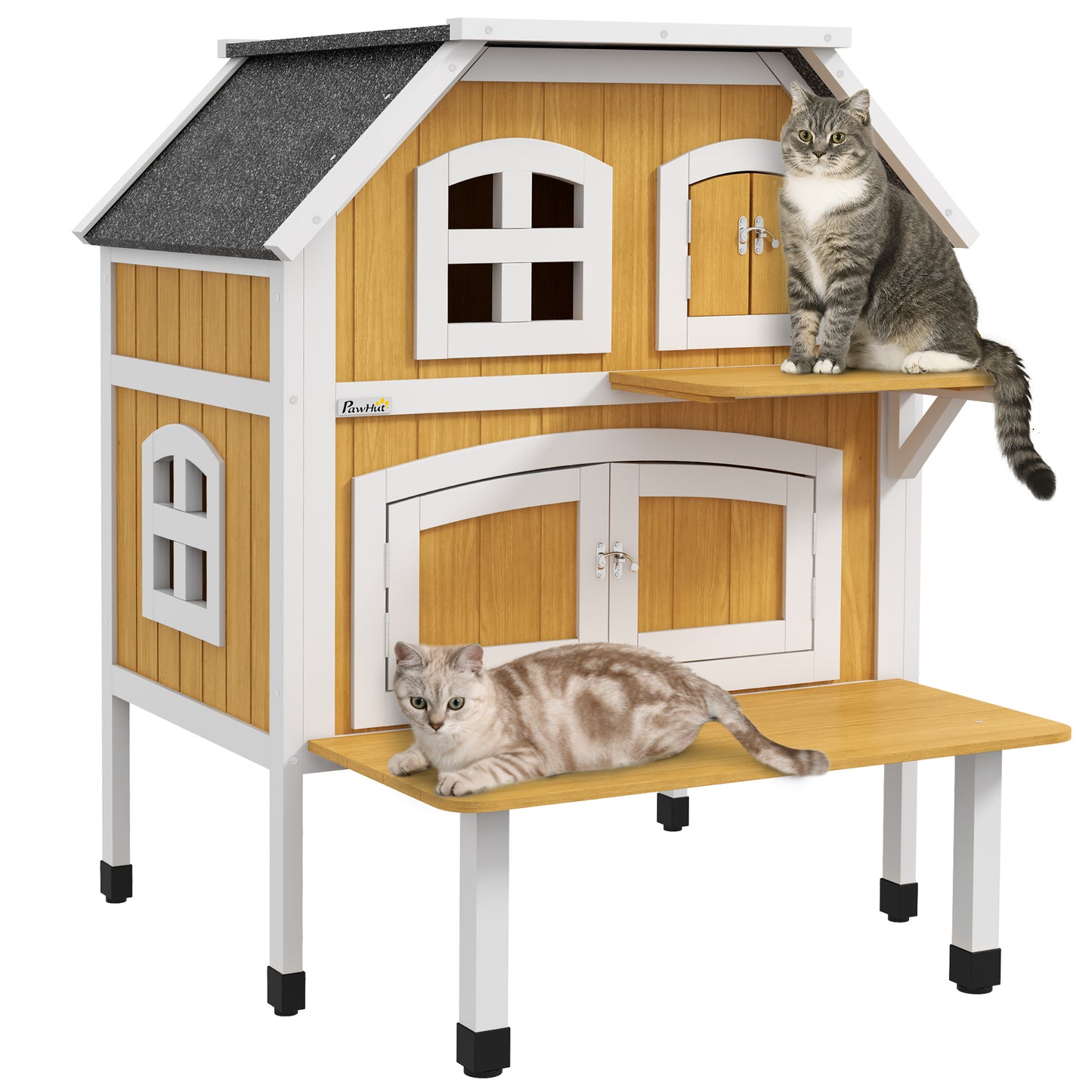 PawHut Casa para Gatos de Madera 78x82x93 cm Caseta para Gatos de 2 Niveles Refugio para Gatos con Techo Asfáltico Terraza y Plataforma de Salto Natural