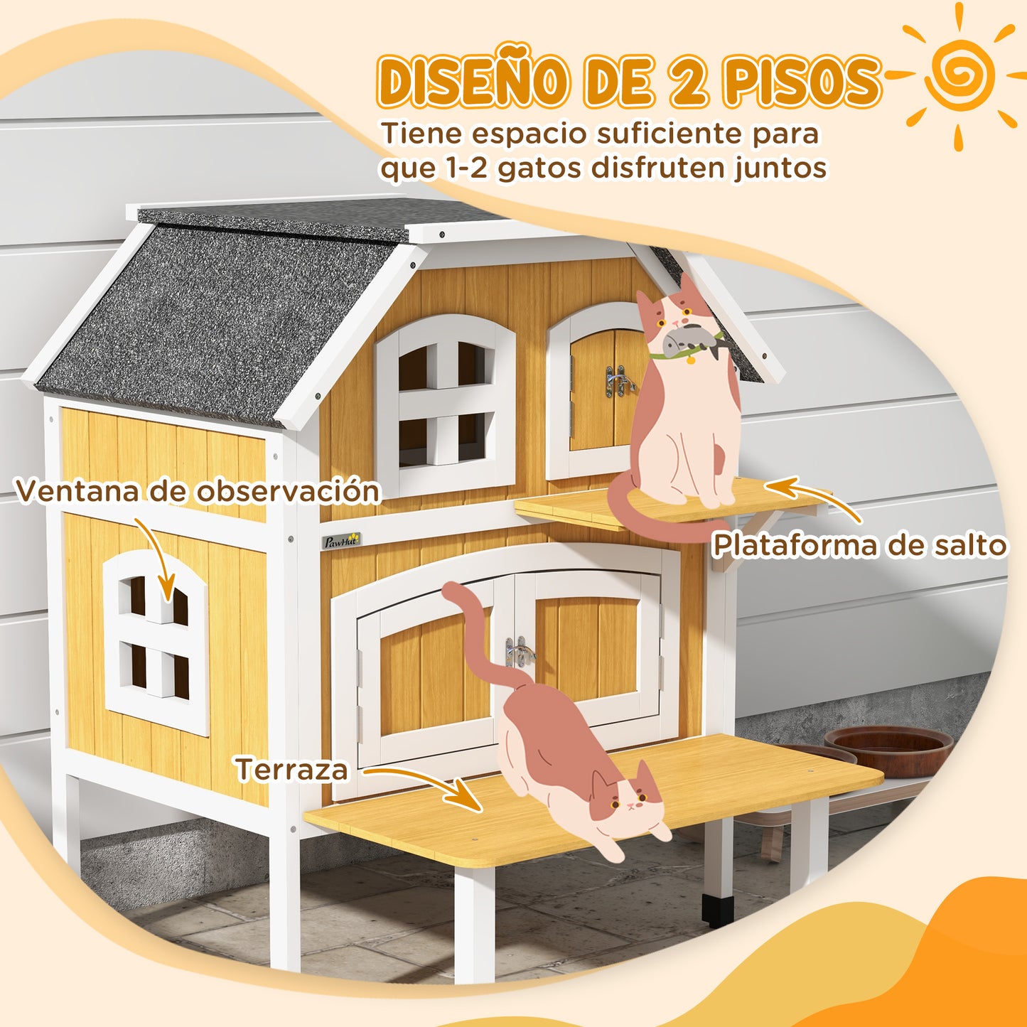 PawHut Casa para Gatos de Madera 78x82x93 cm Caseta para Gatos de 2 Niveles Refugio para Gatos con Techo Asfáltico Terraza y Plataforma de Salto Natural