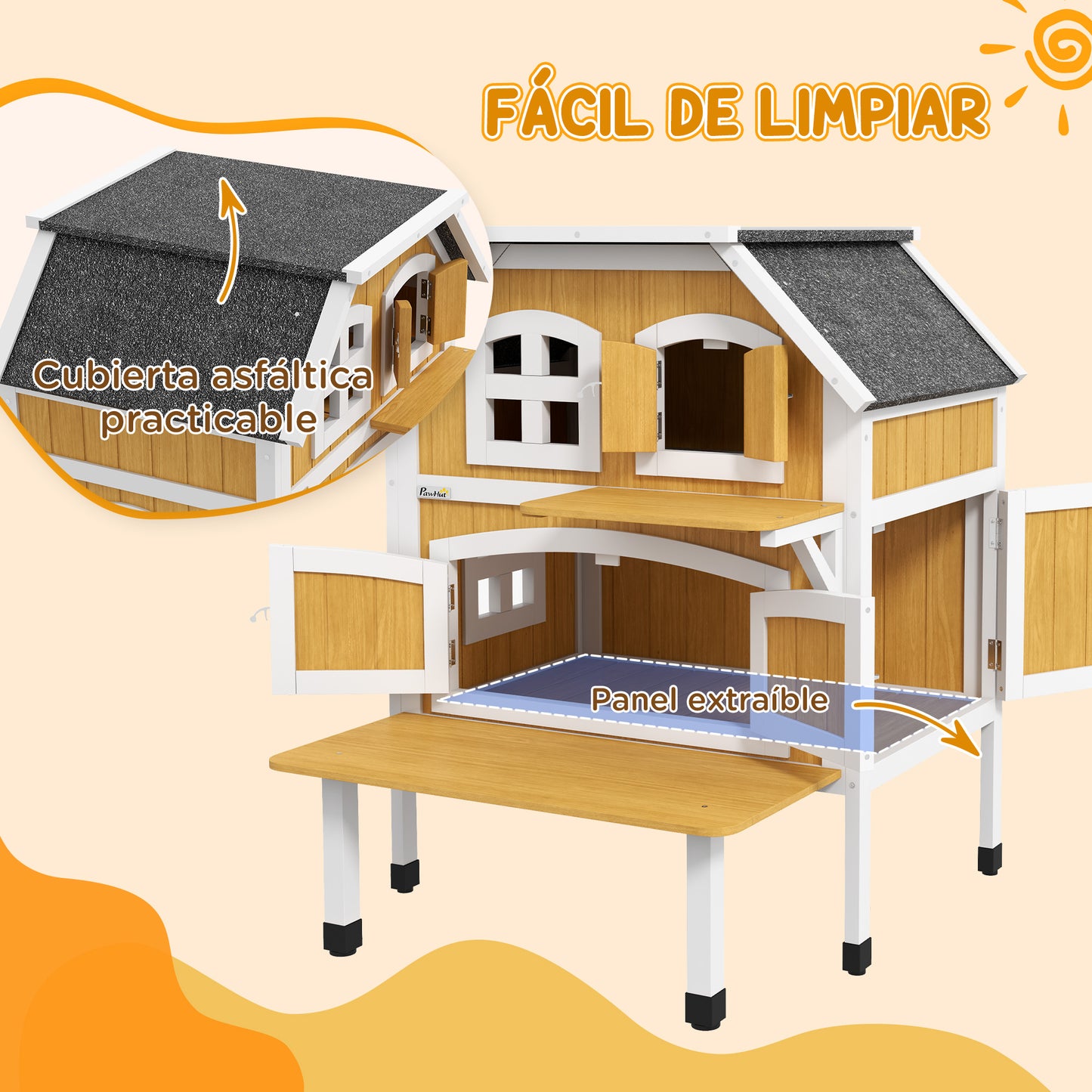 PawHut Casa para Gatos de Madera 78x82x93 cm Caseta para Gatos de 2 Niveles Refugio para Gatos con Techo Asfáltico Terraza y Plataforma de Salto Natural