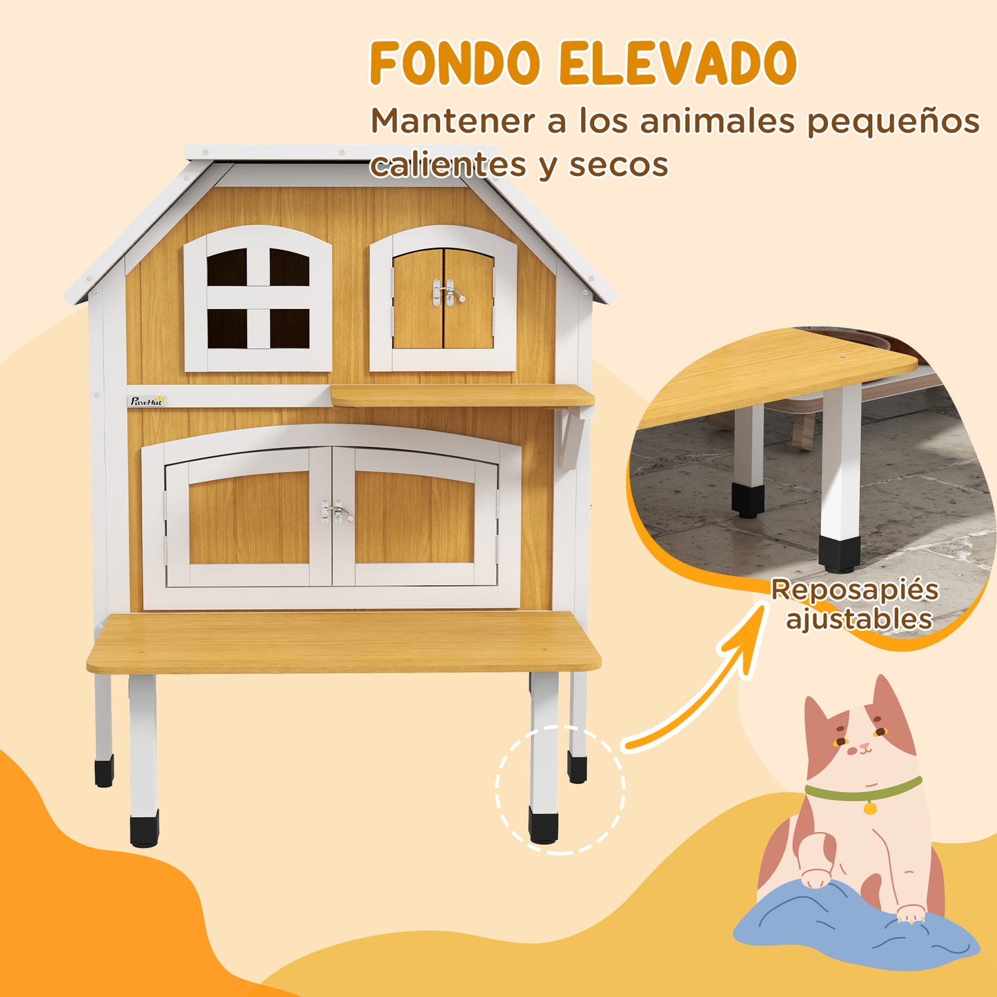 PawHut Casa para Gatos de Madera 78x82x93 cm Caseta para Gatos de 2 Niveles Refugio para Gatos con Techo Asfáltico Terraza y Plataforma de Salto Natural