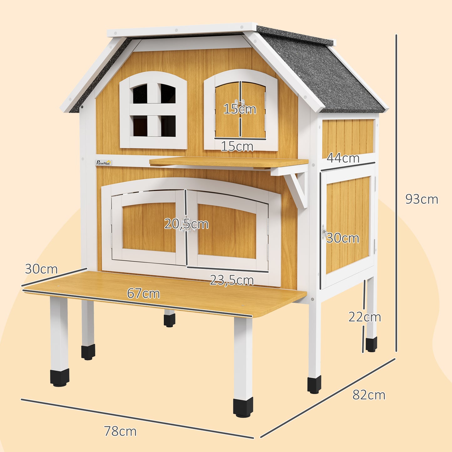 PawHut Casa para Gatos de Madera 78x82x93 cm Caseta para Gatos de 2 Niveles Refugio para Gatos con Techo Asfáltico Terraza y Plataforma de Salto Natural