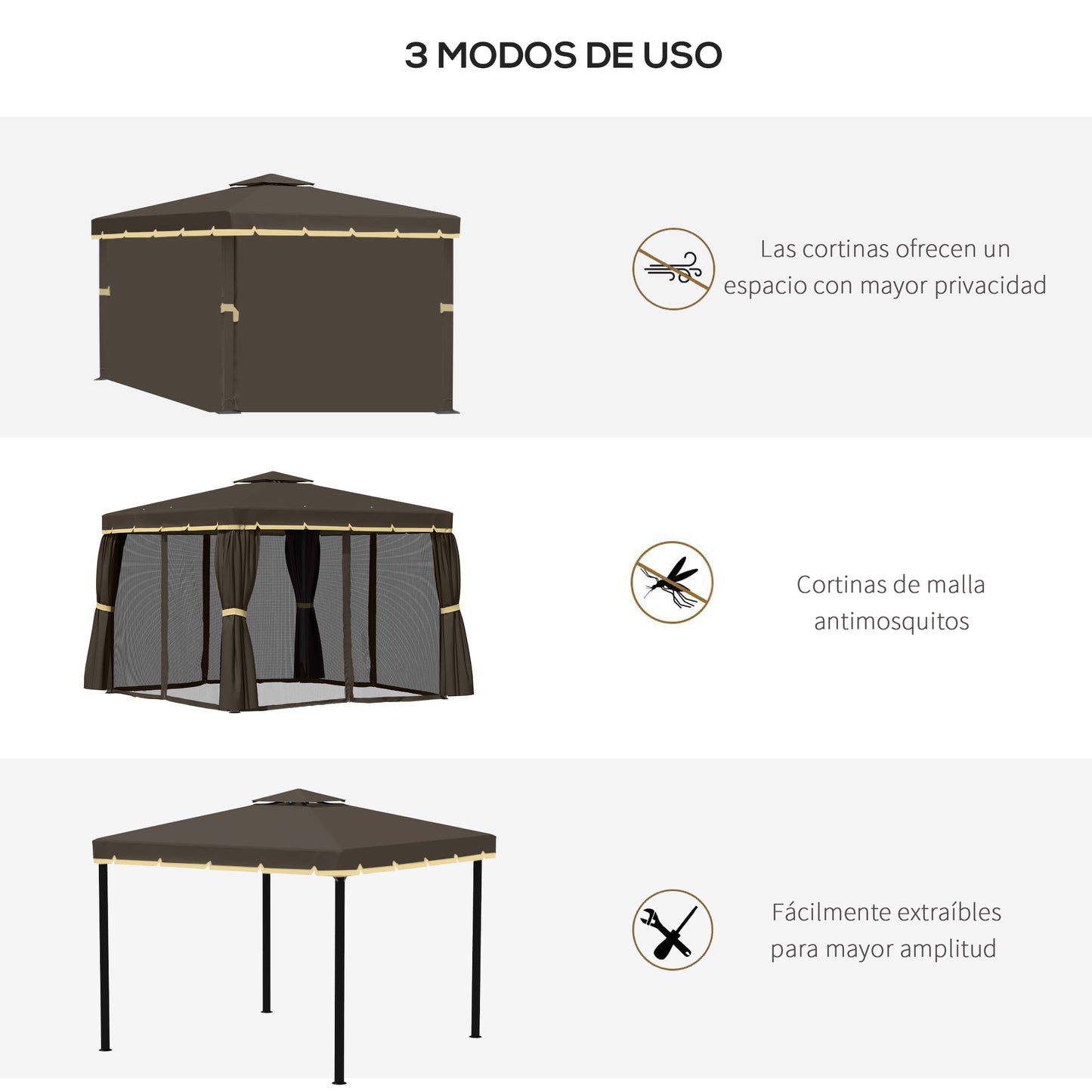 Outsunny Cenador de Jardín 3x3m Pabellón de Aluminio Exterior con Doble Techo de Ventilación 4 Cortinas Laterales y 4 Mosquiteras con Cremallera Gazebo para Fiestas Eventos Patio Café