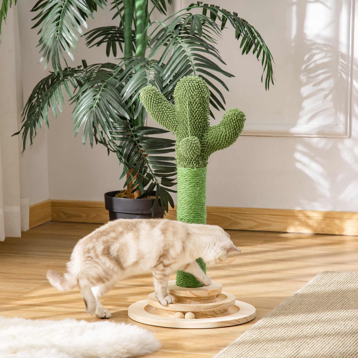 PawHut Poste Rascador para Gatos en Forma de Cactus Pequeño Árbol Rascador para Gatos con Poste de Sisal y Felpa Pelota Colgante y Base con Juego de Madera 32x32x60 cm Verde