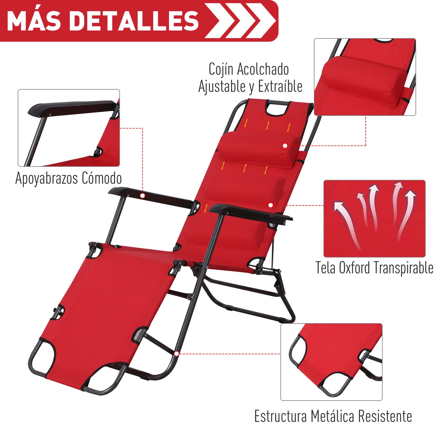 Outsunny Tumbona Reclinable y Plegable Silla de Playa Tumbona Relax Plegable con Respaldo Ajustable Reposabrazos Almohada y Reposapiés para Jardín Balcón Carga 136 kg 135x60x89 cm Rojo