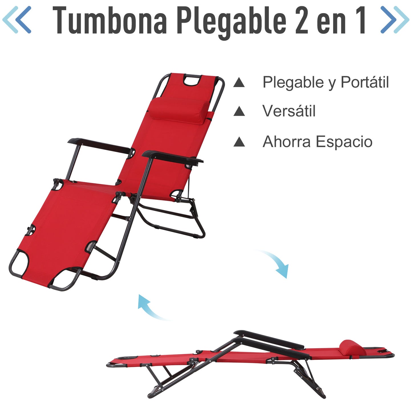 Outsunny Tumbona Reclinable y Plegable Silla de Playa Tumbona Relax Plegable con Respaldo Ajustable Reposabrazos Almohada y Reposapiés para Jardín Balcón Carga 136 kg 135x60x89 cm Rojo