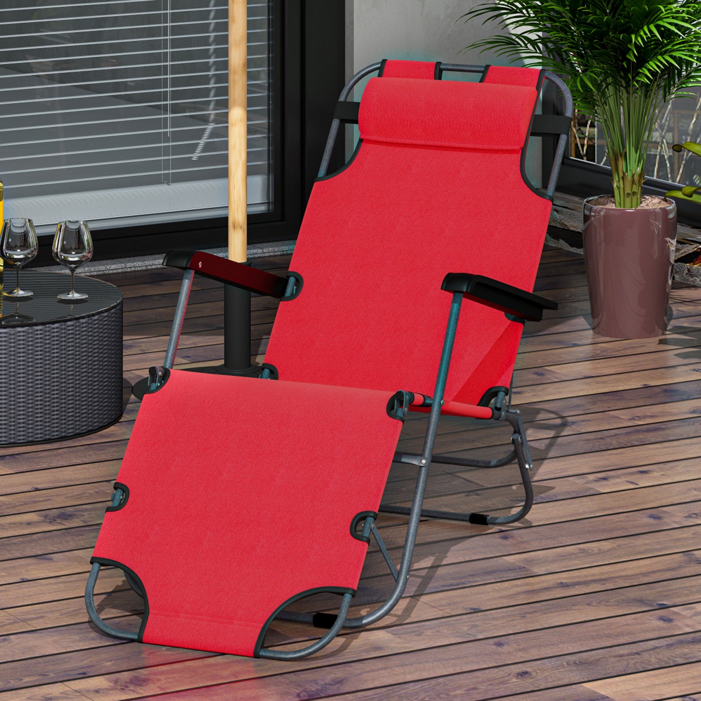 Outsunny Tumbona Reclinable y Plegable Silla de Playa Tumbona Relax Plegable con Respaldo Ajustable Reposabrazos Almohada y Reposapiés para Jardín Balcón Carga 136 kg 135x60x89 cm Rojo