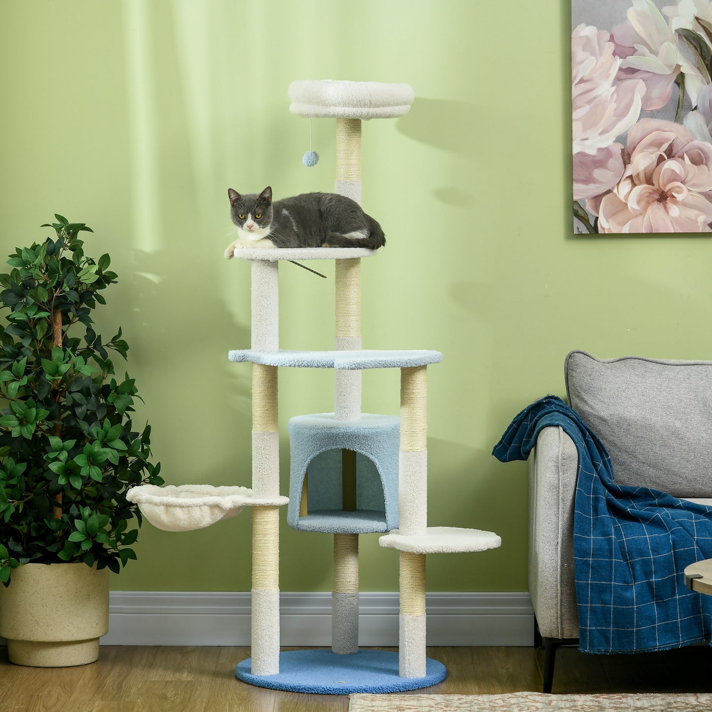 PawHut Árbol Rascador para Gatos Grandes de 155 cm Torre para Gatos de Interior con Postes de Sisal Cueva Cama Hamaca y Bola de Juguete Ø54,5x155 cm Blanco y Azul