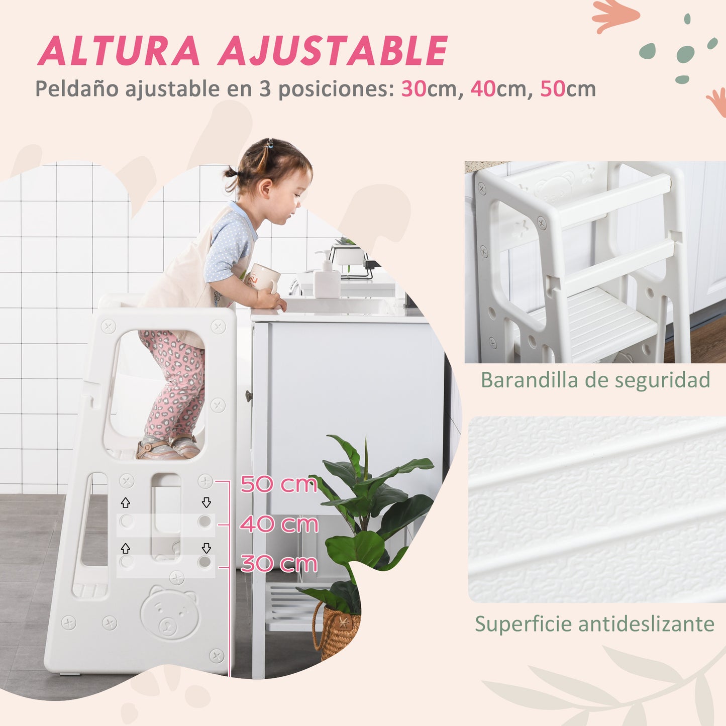 HOMCOM Torre de Aprendizaje para Niños Taburete Infantil con Altura Ajustable en 3 Posiciones y Plataforma Antideslizante para Cocina Comedor Baño 47x47x90 cm Blanco