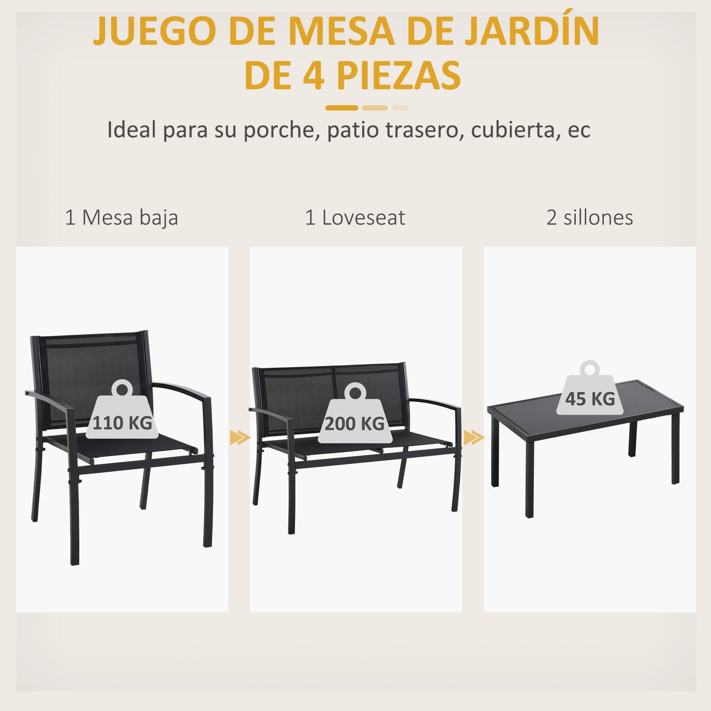 Outsunny Conjunto de Jardín Exterior 4 Piezas Muebles Jardín Exterior con 2 Sillones 1 Sofá de 2 Plazas y Mesa de Centro con Tablero de Vidrio Templado Negro