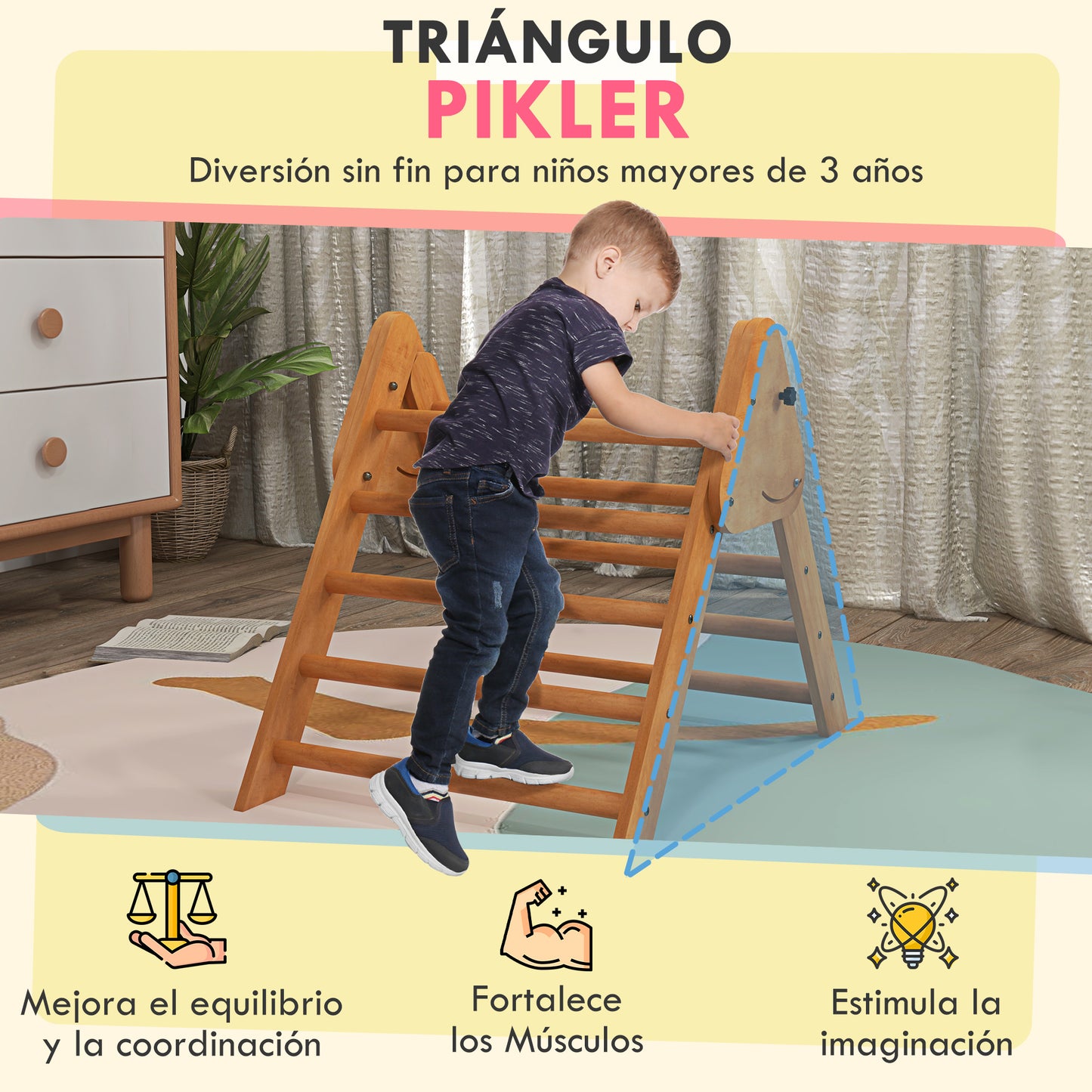 HOMCOM Triángulo Escalada para Niños de +3 Años Triángulo de Aprendizaje Plegable Triángulo de Madera Gimnasio de Juegos Interior Carga 50 kg 90x64x70 cm Marrón