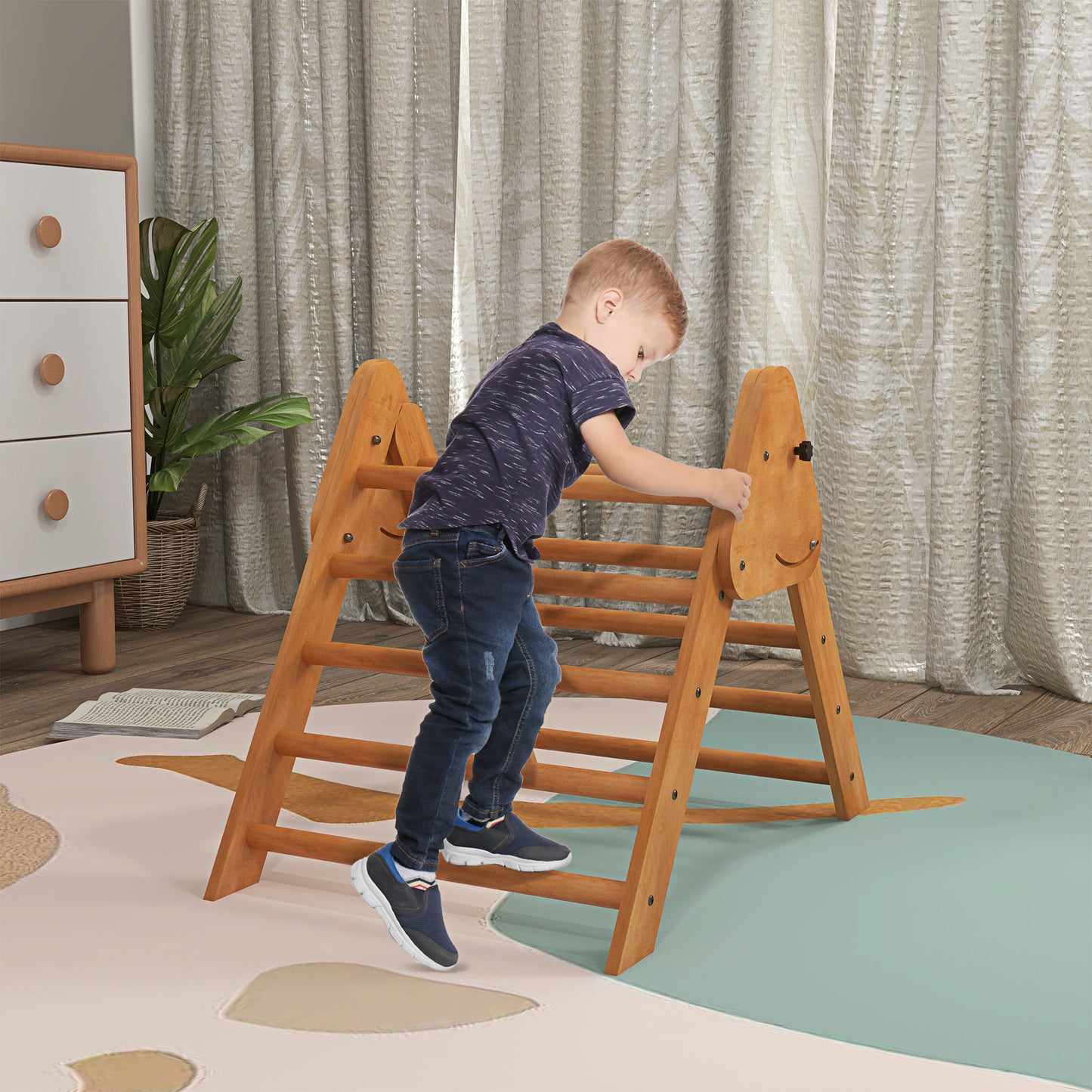 HOMCOM Triángulo Escalada para Niños de +3 Años Triángulo de Aprendizaje Plegable Triángulo de Madera Gimnasio de Juegos Interior Carga 50 kg 90x64x70 cm Marrón