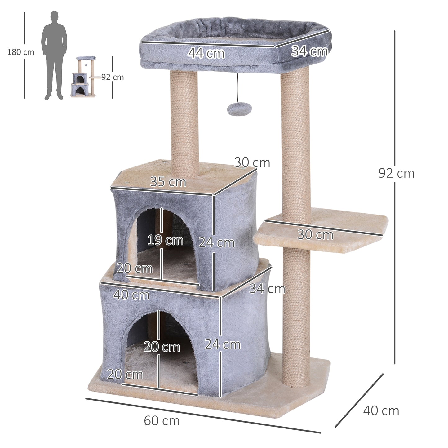 PawHut Árbol Rascador para Gatos de 92 cm Torre para Gatos Mediano con 2 Cuevas Bola Colgante y Postes para Rascar Centro de Actividad para Gatos Gris