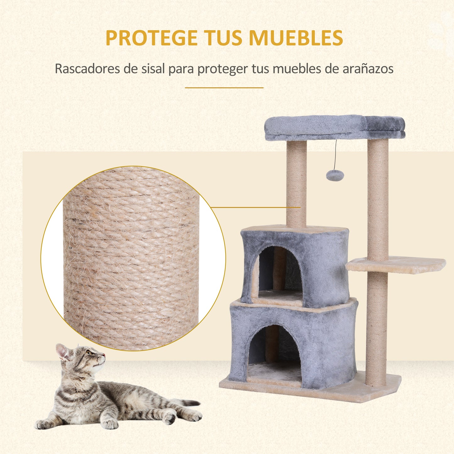 PawHut Árbol Rascador para Gatos de 92 cm Torre para Gatos Mediano con 2 Cuevas Bola Colgante y Postes para Rascar Centro de Actividad para Gatos Gris