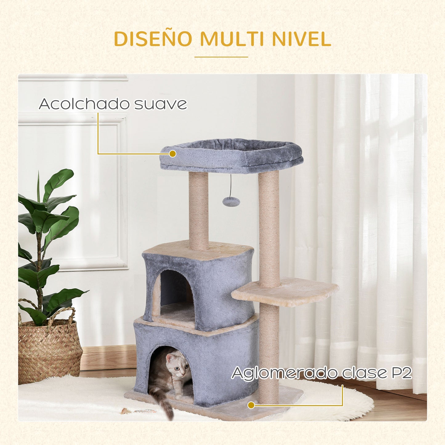 PawHut Árbol Rascador para Gatos de 92 cm Torre para Gatos Mediano con 2 Cuevas Bola Colgante y Postes para Rascar Centro de Actividad para Gatos Gris