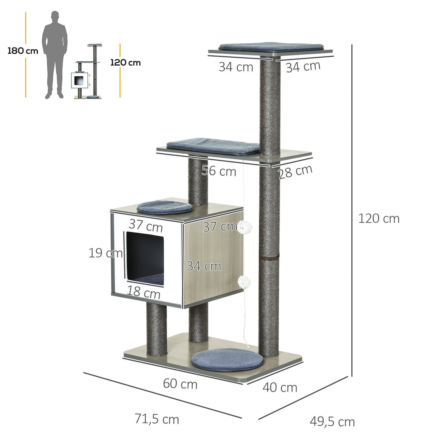 PawHut Árbol Rascador para Gatos de Madera 71,5x49,5x120 cm Torre de Gato con Cueva Plataformas Postes Rascadores de Sisal Cojines de Felpa Suave y Bolas Colgantes Gris