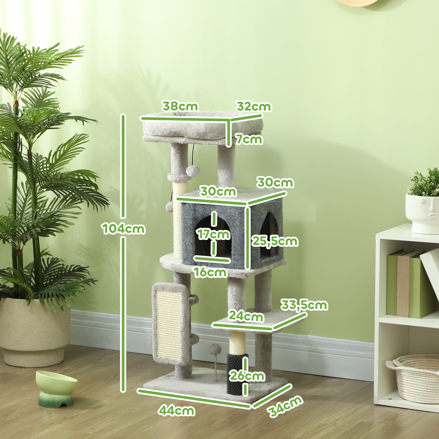 PawHut Árbol Rascador para Gatos Altura 104 cm Árbol para Gatos Torre para Gatos con Plataformas Poste con Cepillo Bolas Colgantes y Almohadilla para Rascar Gris Claro