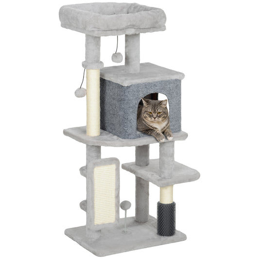 PawHut Árbol Rascador para Gatos Altura 104 cm Árbol para Gatos Torre para Gatos con Plataformas Poste con Cepillo Bolas Colgantes y Almohadilla para Rascar Gris Claro