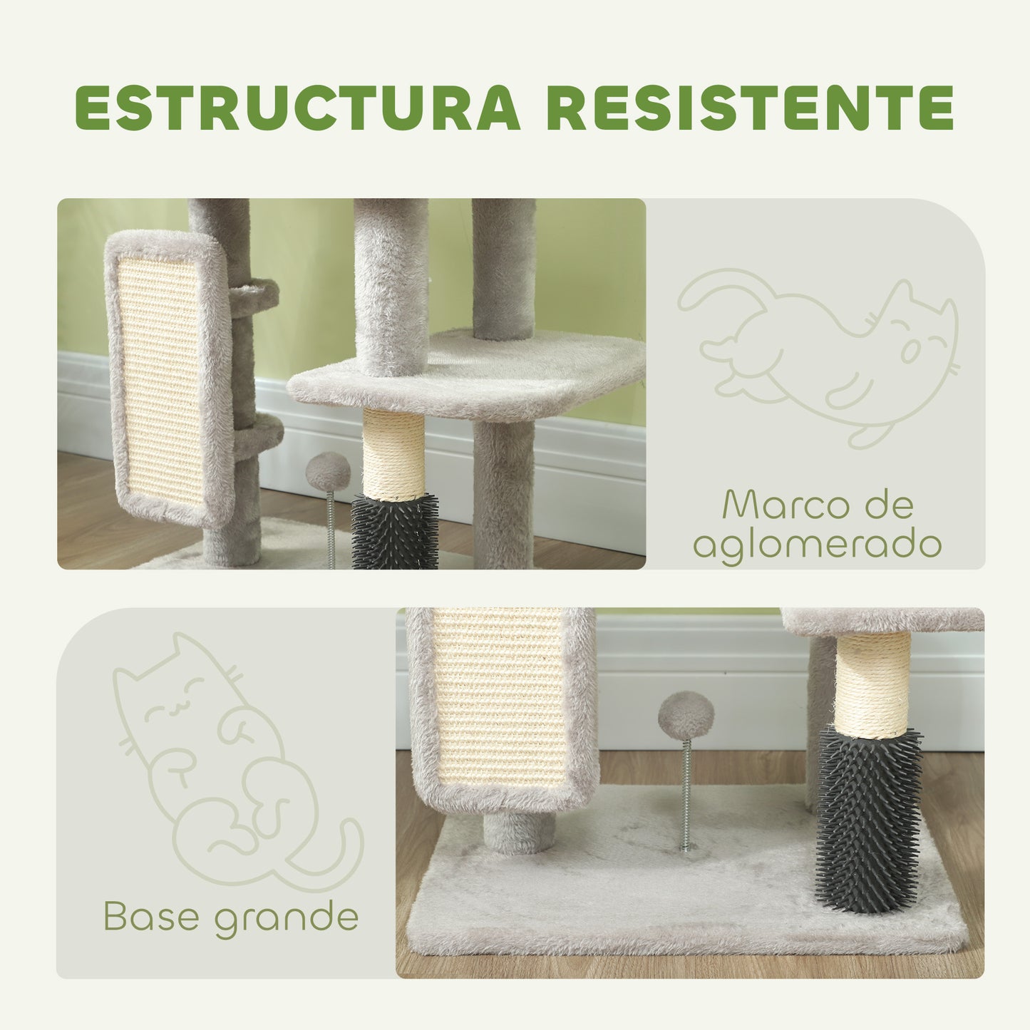 PawHut Árbol Rascador para Gatos Altura 104 cm Árbol para Gatos Torre para Gatos con Plataformas Poste con Cepillo Bolas Colgantes y Almohadilla para Rascar Gris Claro