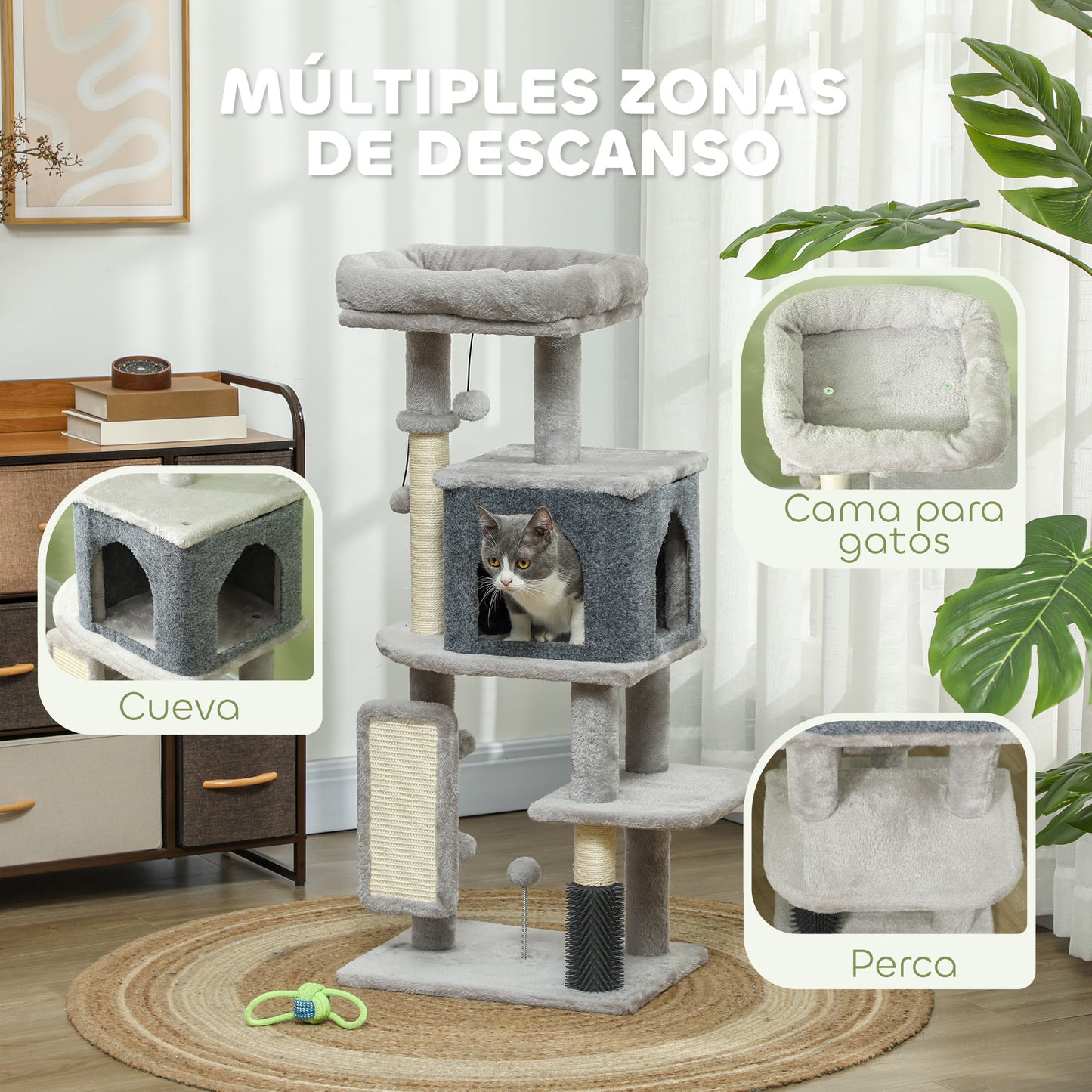 PawHut Árbol Rascador para Gatos Altura 104 cm Árbol para Gatos Torre para Gatos con Plataformas Poste con Cepillo Bolas Colgantes y Almohadilla para Rascar Gris Claro