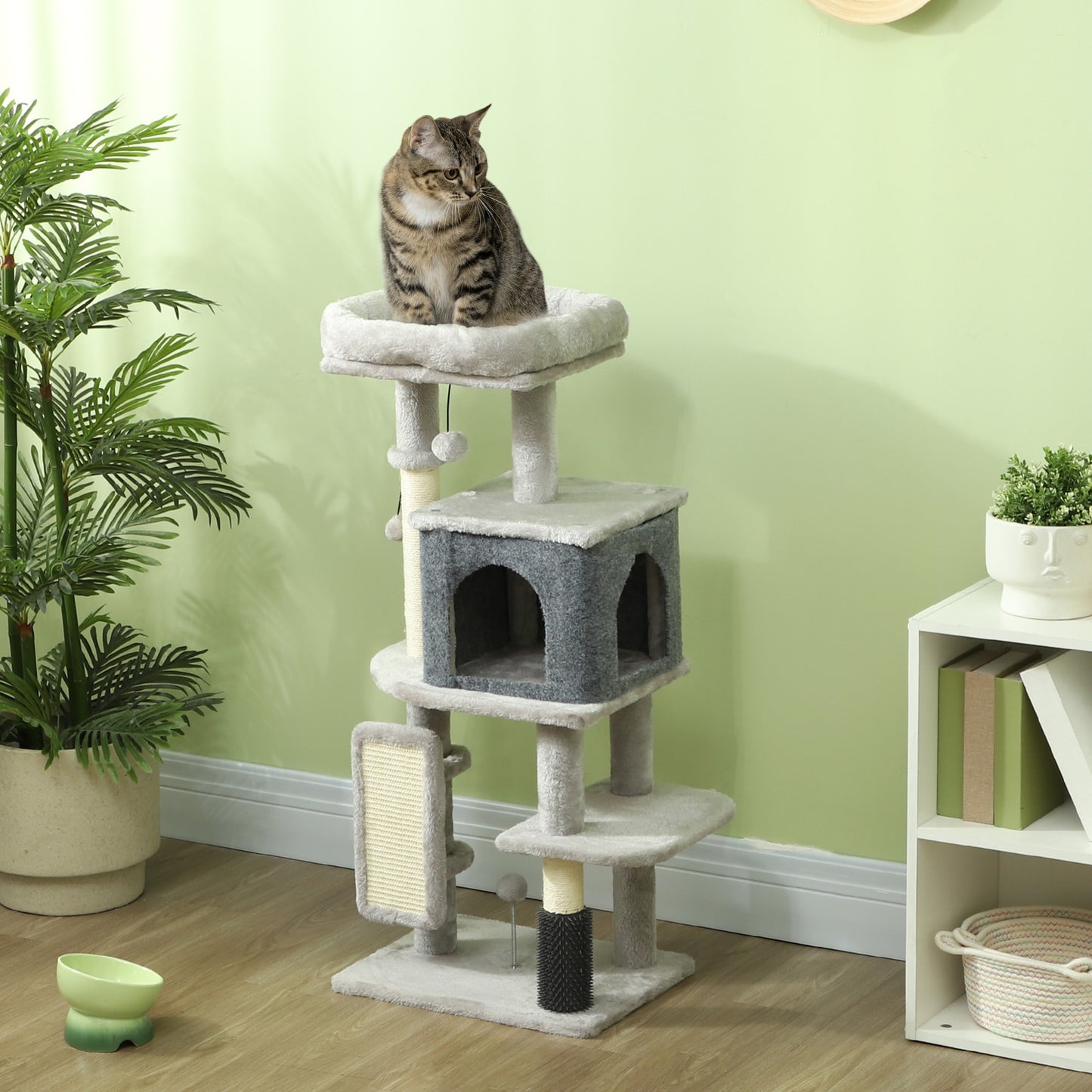 PawHut Árbol Rascador para Gatos Altura 104 cm Árbol para Gatos Torre para Gatos con Plataformas Poste con Cepillo Bolas Colgantes y Almohadilla para Rascar Gris Claro