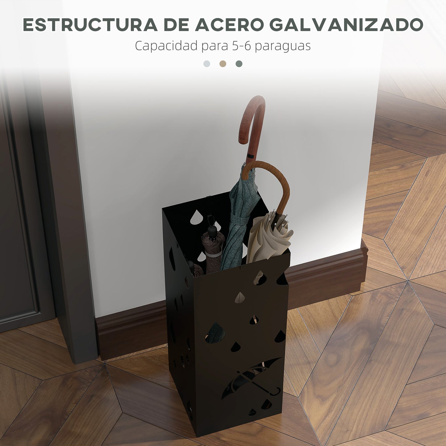 HOMCOM Paragüero de Acero Paragüero Negro con 4 Ganchos y Bandeja de Goteo Extraíble Porta Paraguas Diseño Tallado para Pasillo Entrada 15,5x15,5x41 cm