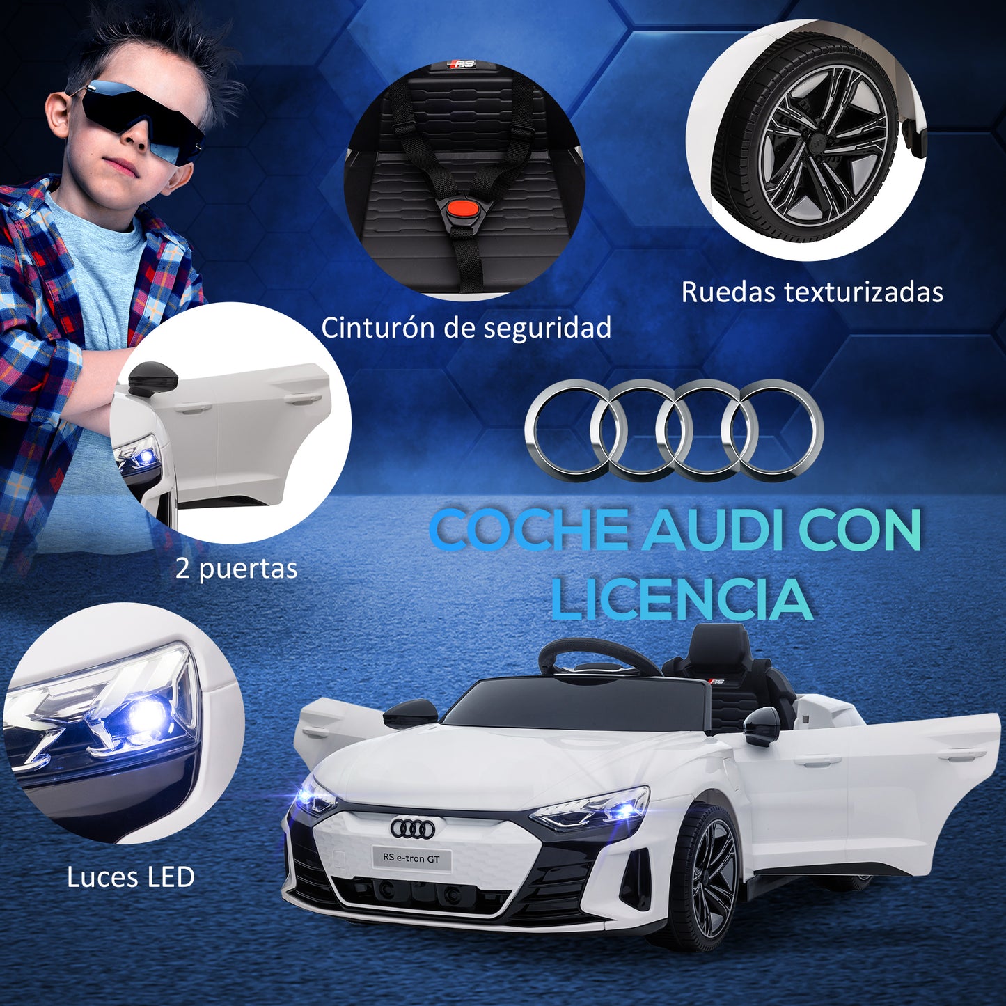 HOMCOM Coche Eléctrico para Niños de +3 Años AUDI RS e-tron GT Coche de Batería 12V con Mando a Distancia Faros LED Bocina Música USB y Apertura de Puerta 3-5 km/h Blanco