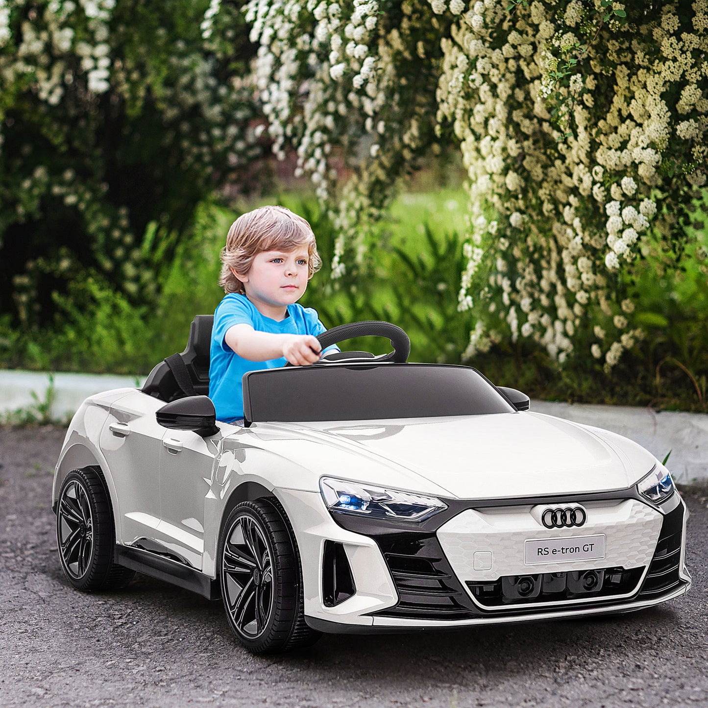 HOMCOM Coche Eléctrico para Niños de +3 Años AUDI RS e-tron GT Coche de Batería 12V con Mando a Distancia Faros LED Bocina Música USB y Apertura de Puerta 3-5 km/h Blanco