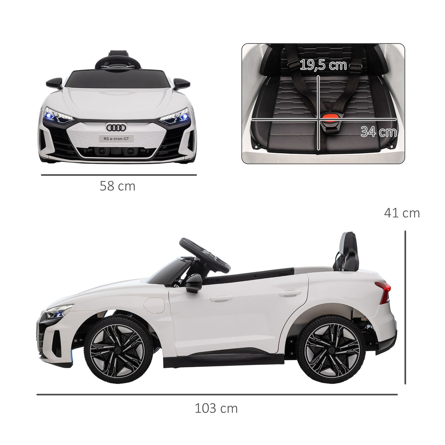 HOMCOM Coche Eléctrico para Niños de +3 Años AUDI RS e-tron GT Coche de Batería 12V con Mando a Distancia Faros LED Bocina Música USB y Apertura de Puerta 3-5 km/h Blanco