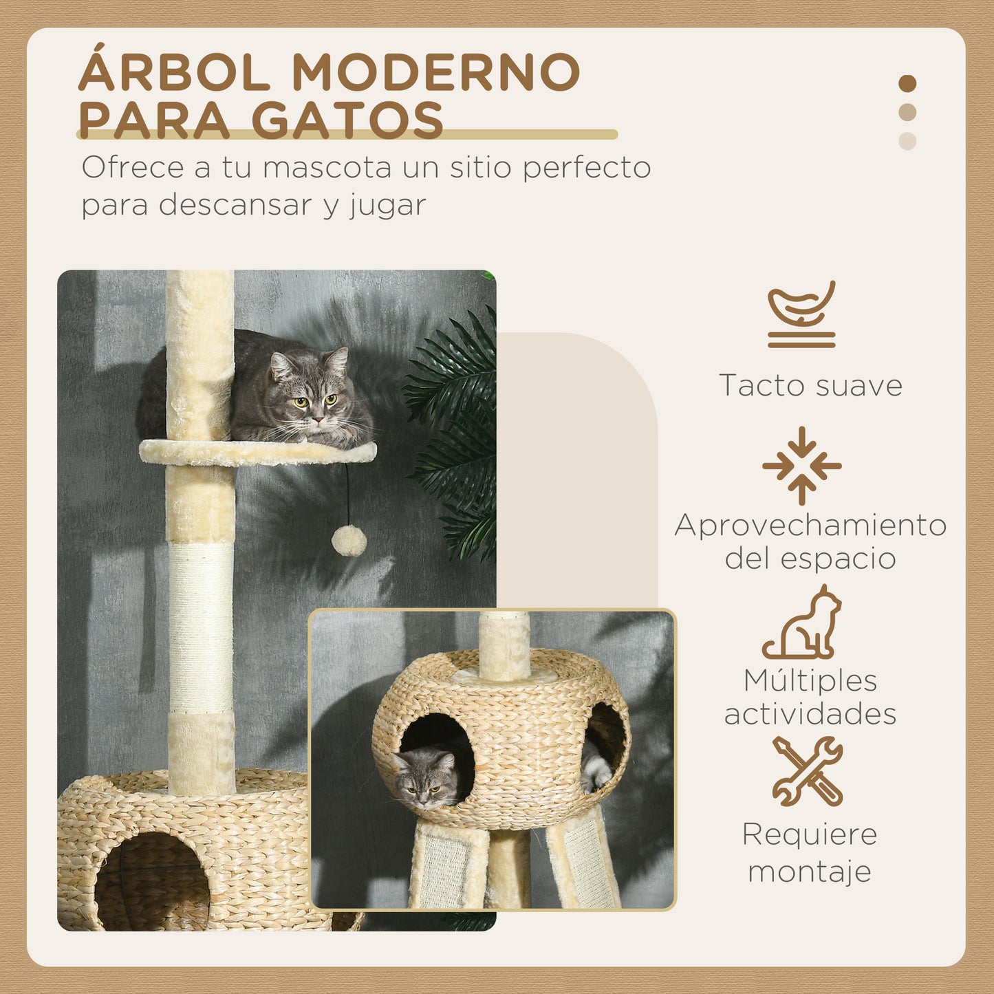 PawHut Árbol para Gatos de Suelo a Techo de 225-255 cm Torre para Gatos Altura Ajustable con Cueva Plataformas Hamaca Postes Rascadores Rampas y Bolas Colgantes Ø48x225-255 cm Beige