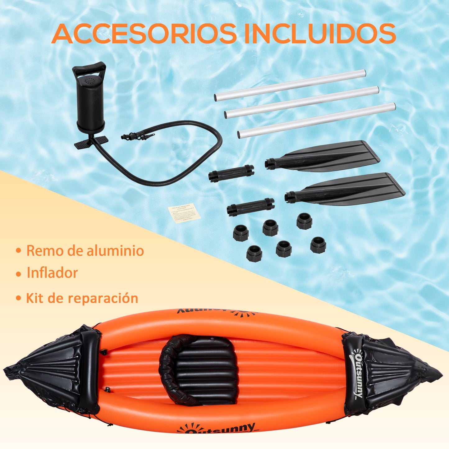 Outsunny Kayak Hinchable para 1 Persona Canoa Kayak Inflable de PVC con Remo Bomba de Mano y Kit de Reparación 270x93x50 cm Naranja