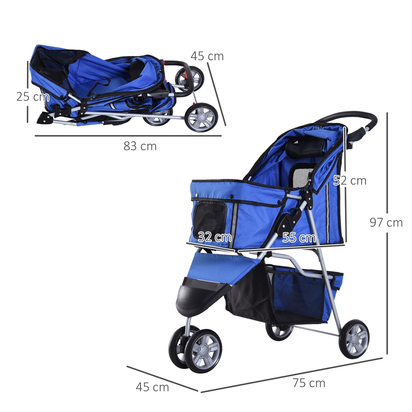 PawHut Carrito para Perros Plegable Cochecito para Mascotas Carrito para Perros Pequeños con Cesta de Almacenaje Ventanas de Malla y 2 Ruedas Universales 75x45x97 cm Azul