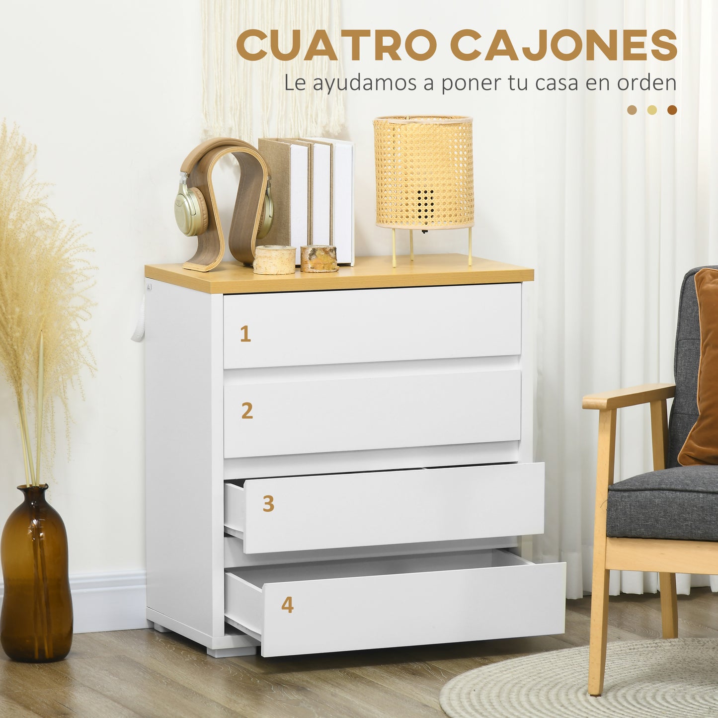 HOMCOM Cómoda Moderna con 4 Cajones Mueble Cajonera de Madera para Dormitorio Salón Habitación Carga 40 kg 70x37x75 cm Blanco y Natural