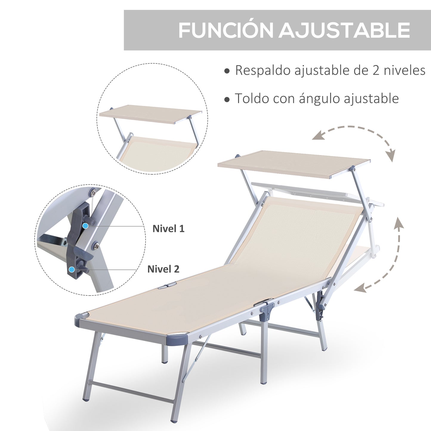 Outsunny Tumbona Plegable y Reclinable de Aluminio con Toldo Incorporado para Piscina Jardín Terraza Exterior Carga 120 kg 169x72x50/70 cm Beige