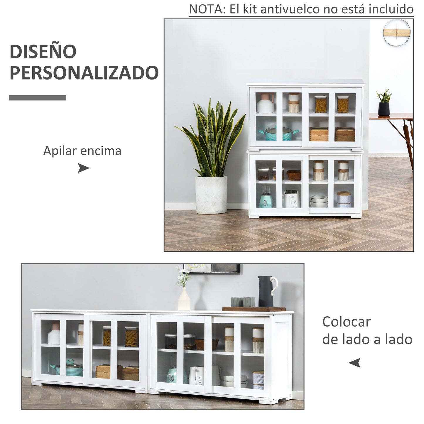 HOMCOM Aparador de Cocina Moderno Aparador Apilable Mueble Auxiliar de Cocina con 2 Puertas Corredizas de Vidrio y Estante Ajustable para Salón Comedor 107x33x62,5 cm Blanco